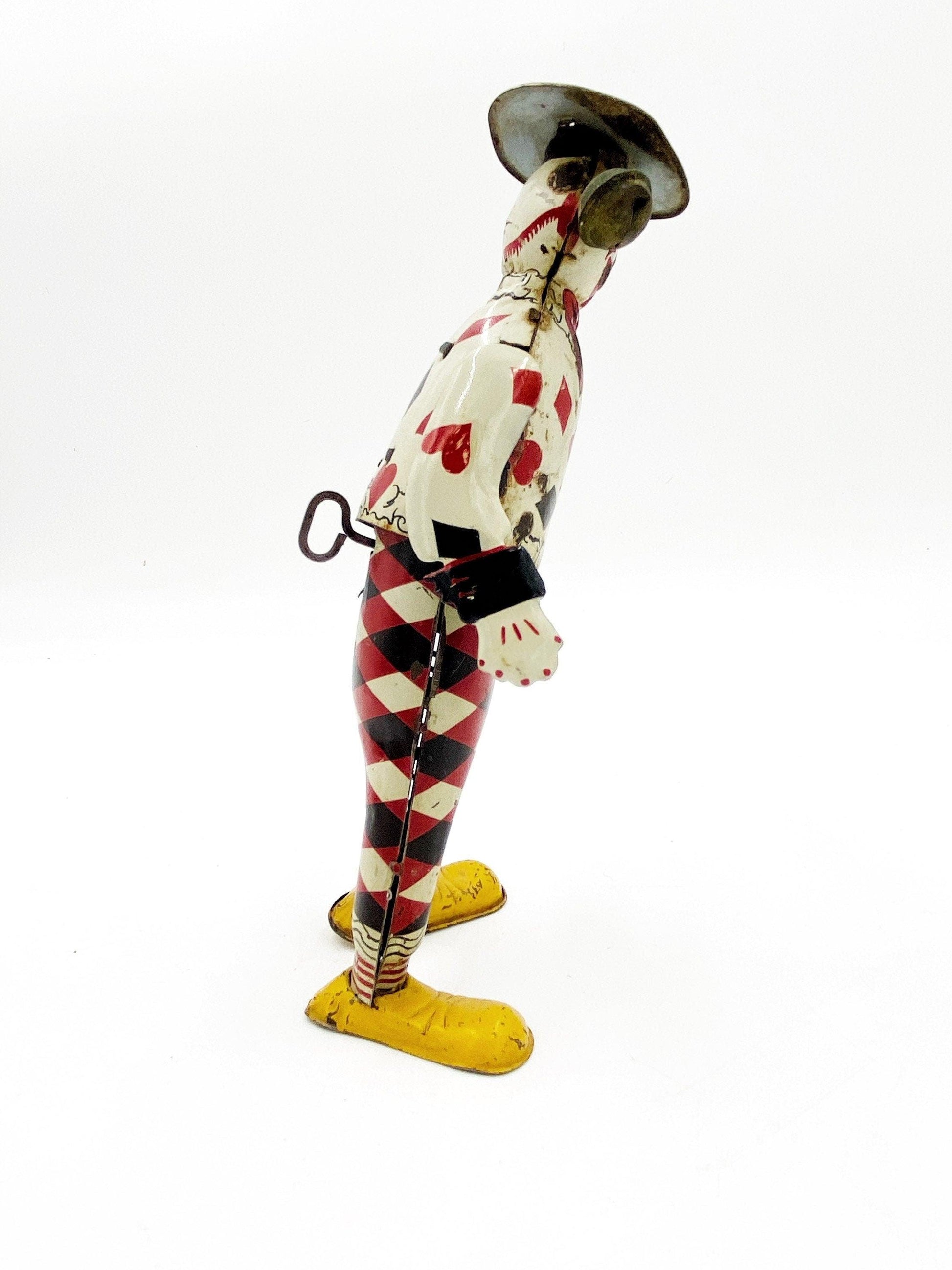 Tom Twist ‘The Funny Show’ The Funny Clown by The Ferdinand Strauss Corporation, Circa 1920s, Wind Up Tin Toys, Red Black White -Located at Funkyhouse Vintage Antique Store, Weiser Idaho