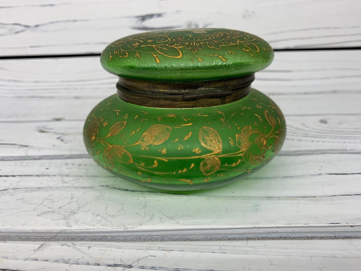 Victorian Hand Painted French Green Glass Hinged Powder Jar, Bohemian Trinket Box -Located at Funkyhouse Vintage Antique Store, Weiser Idaho