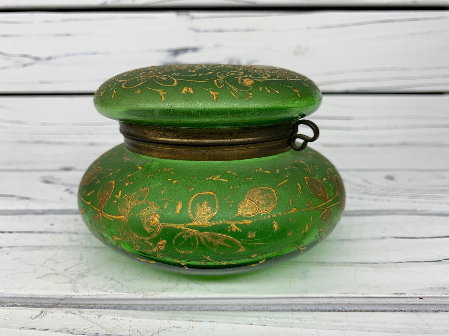 Victorian Hand Painted French Green Glass Hinged Powder Jar, Bohemian Trinket Box -Located at Funkyhouse Vintage Antique Store, Weiser Idaho
