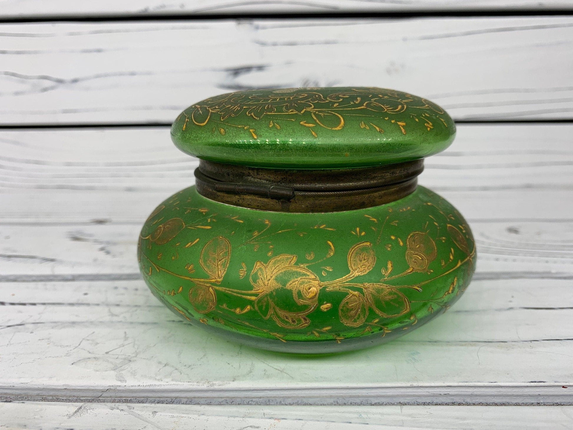 Victorian Hand Painted French Green Glass Hinged Powder Jar, Bohemian Trinket Box -Located at Funkyhouse Vintage Antique Store, Weiser Idaho