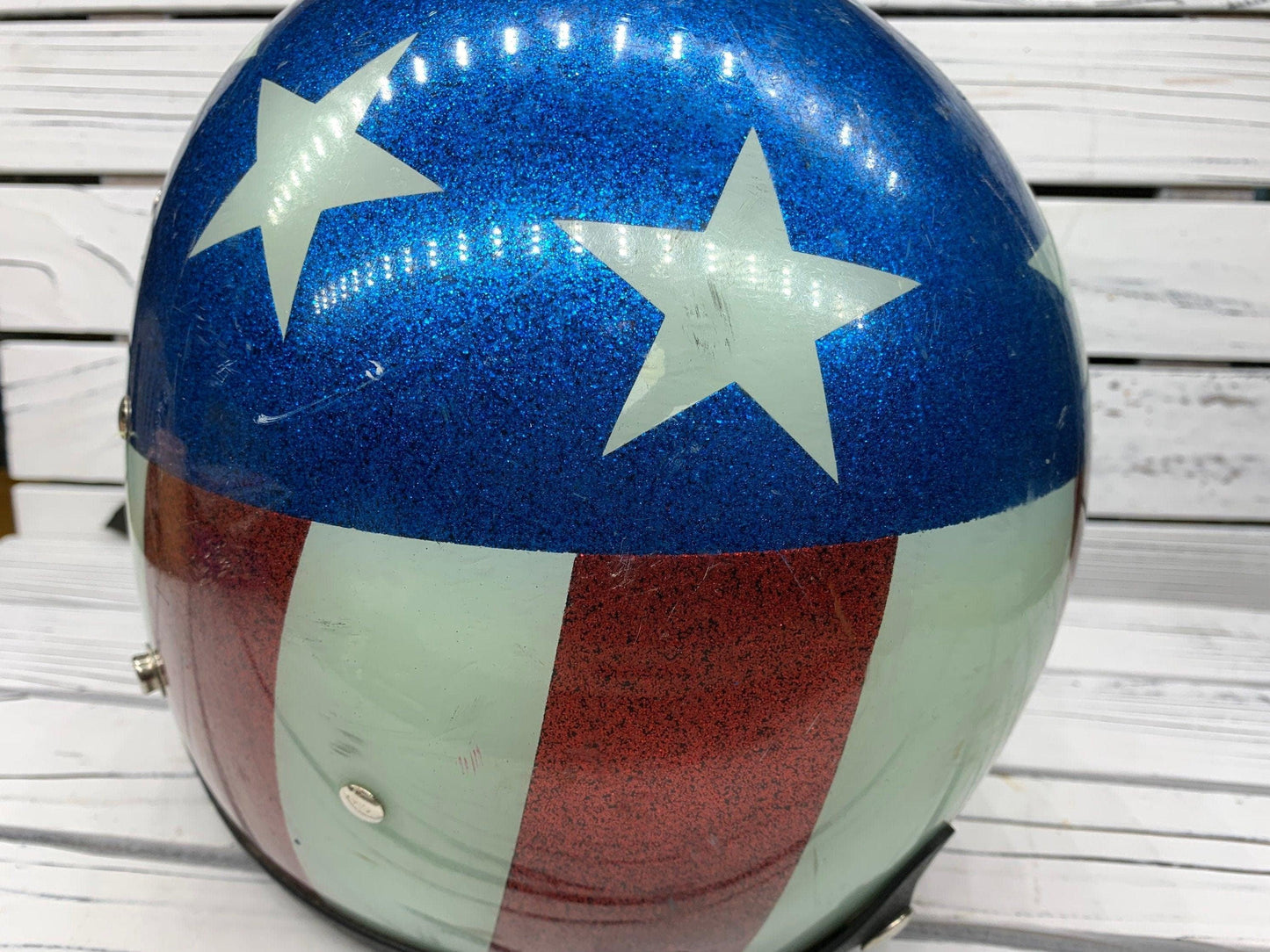 Vintage American Flag Motorcycle Helmet, Stars and Stripes Captain America 60s 70s Helmet, Nesco 6410 -Located at Funkyhouse Vintage Antique Store, Weiser Idaho