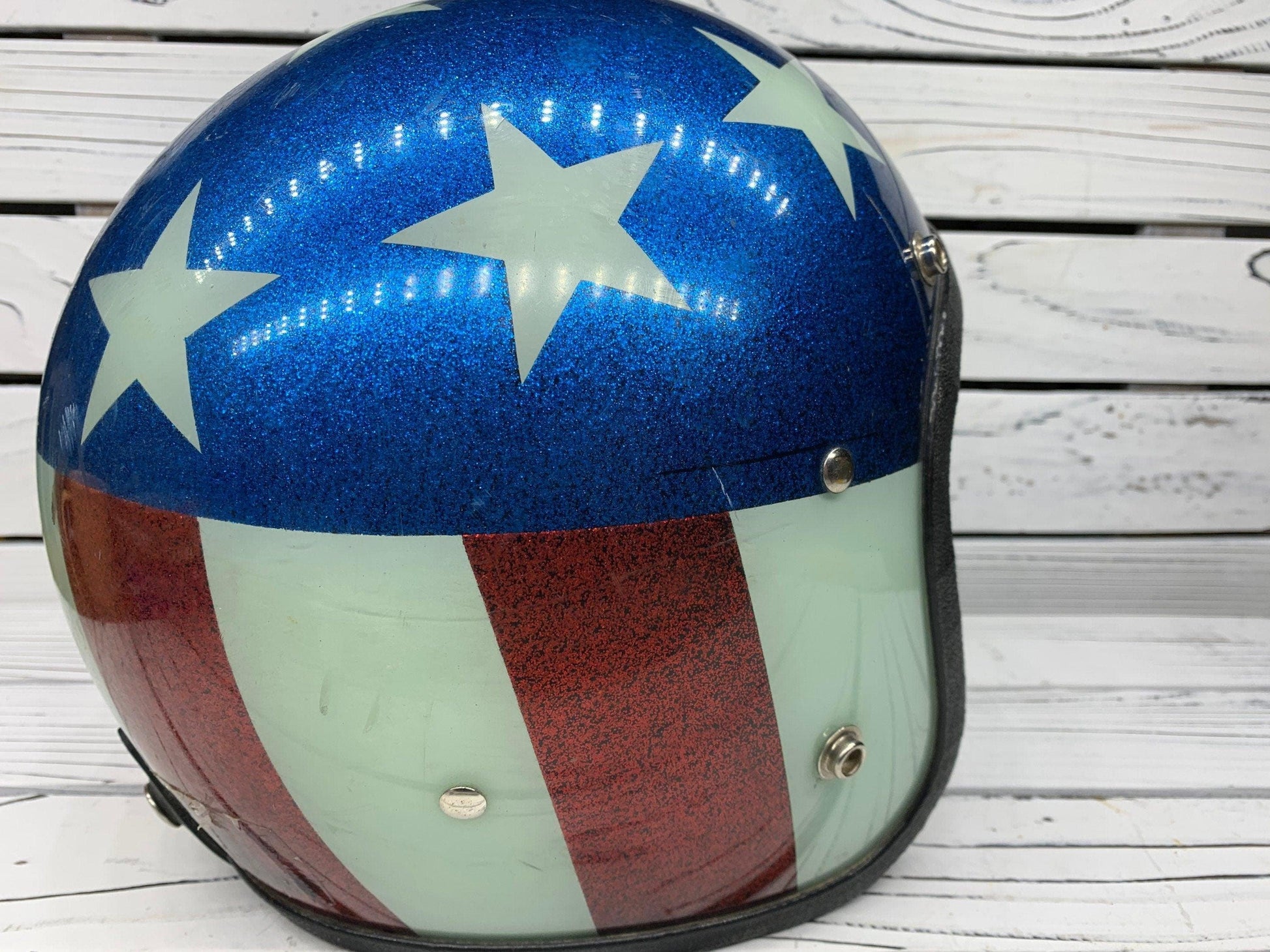 Vintage American Flag Motorcycle Helmet, Stars and Stripes Captain America 60s 70s Helmet, Nesco 6410 -Located at Funkyhouse Vintage Antique Store, Weiser Idaho