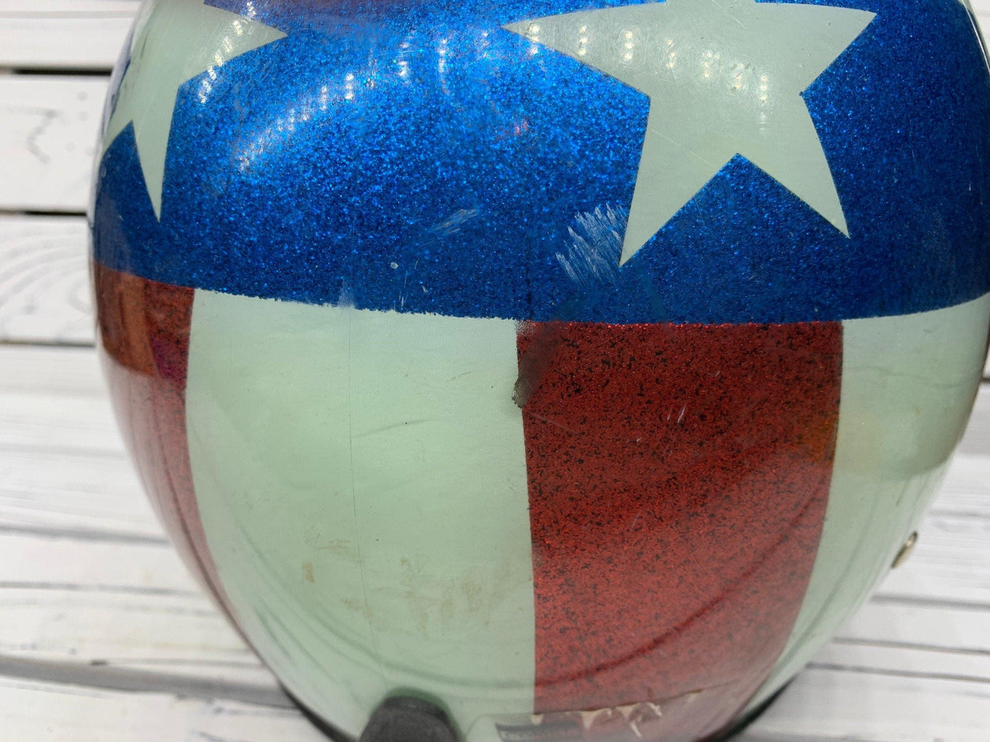 Vintage American Flag Motorcycle Helmet, Stars and Stripes Captain America 60s 70s Helmet, Nesco 6410 -Located at Funkyhouse Vintage Antique Store, Weiser Idaho