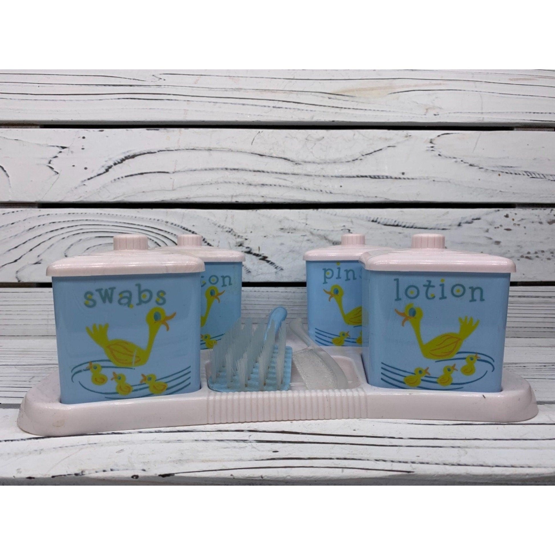 Vintage Baby Bath Caddy, Four Labeled Plastic Containers, Brush And Comb, 1950s Mid Century Infant Grooming Bath Set -Located at Funkyhouse Vintage Antique Store, Weiser Idaho