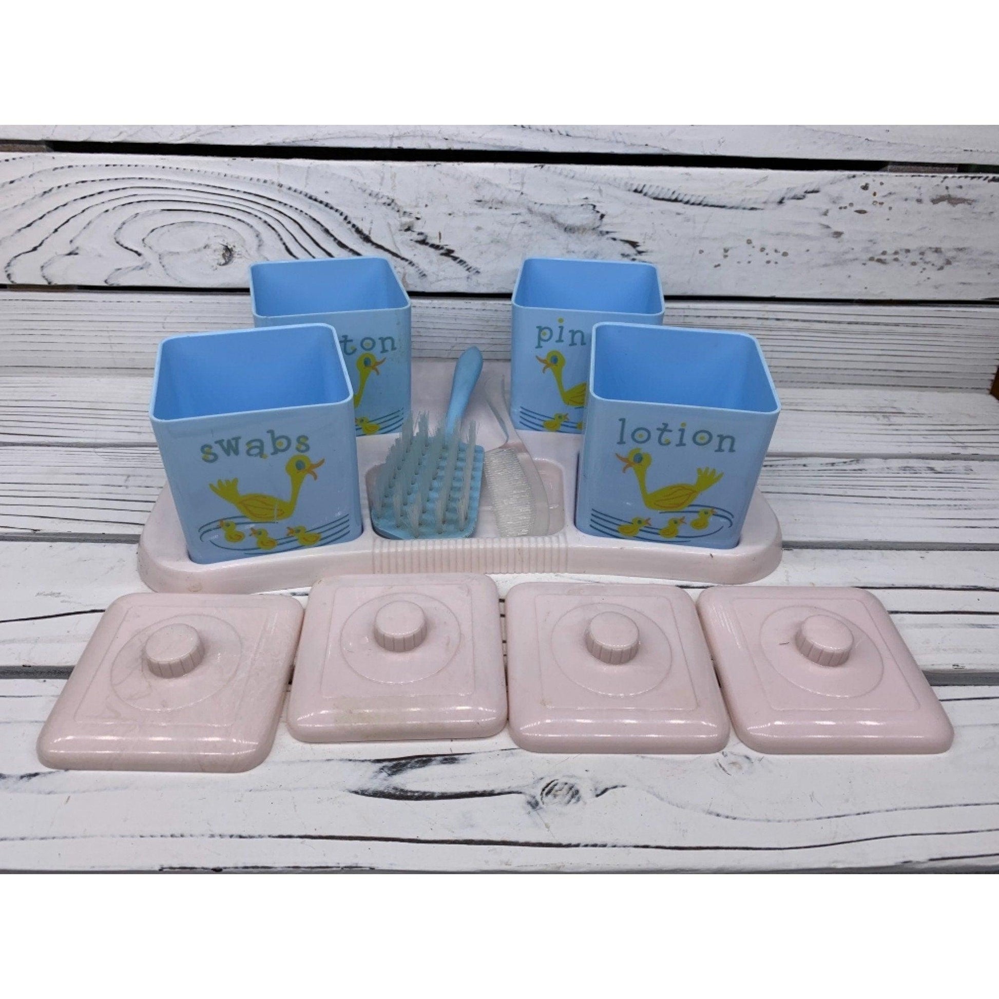 Vintage Baby Bath Caddy, Four Labeled Plastic Containers, Brush And Comb, 1950s Mid Century Infant Grooming Bath Set -Located at Funkyhouse Vintage Antique Store, Weiser Idaho