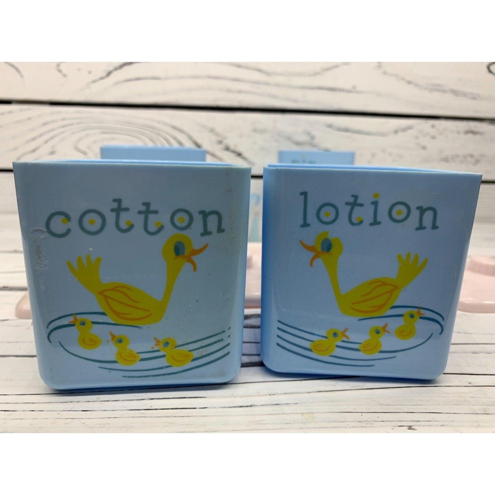 Vintage Baby Bath Caddy, Four Labeled Plastic Containers, Brush And Comb, 1950s Mid Century Infant Grooming Bath Set -Located at Funkyhouse Vintage Antique Store, Weiser Idaho