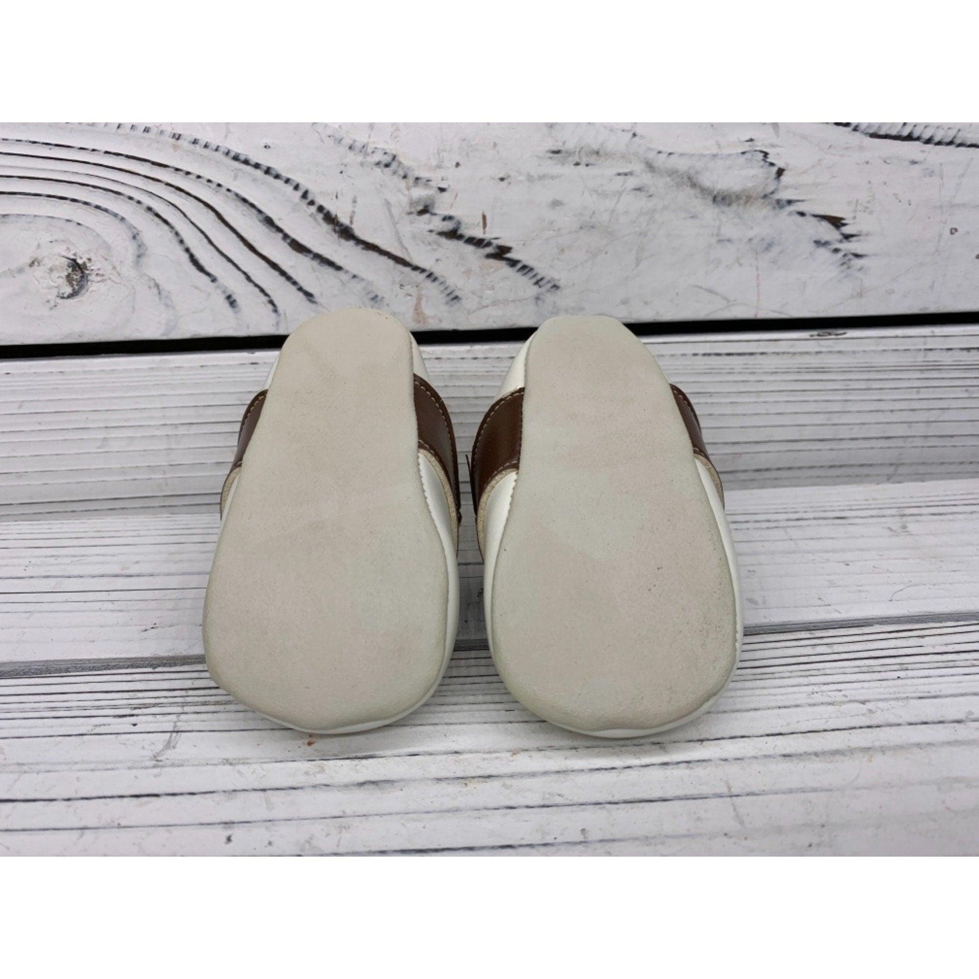 Vintage Baby Booties By Wee Walker, Leather Cream And Brown Saddle Shoes For Infants -Located at Funkyhouse Vintage Antique Store, Weiser Idaho
