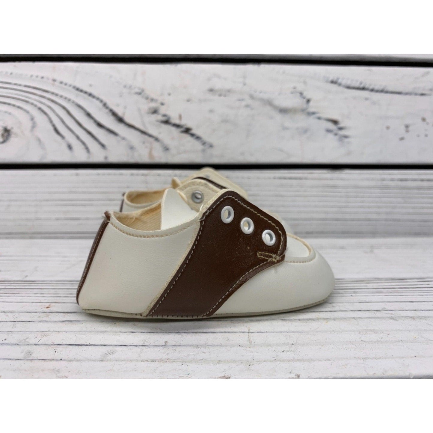 Vintage Baby Booties By Wee Walker, Leather Cream And Brown Saddle Shoes For Infants -Located at Funkyhouse Vintage Antique Store, Weiser Idaho