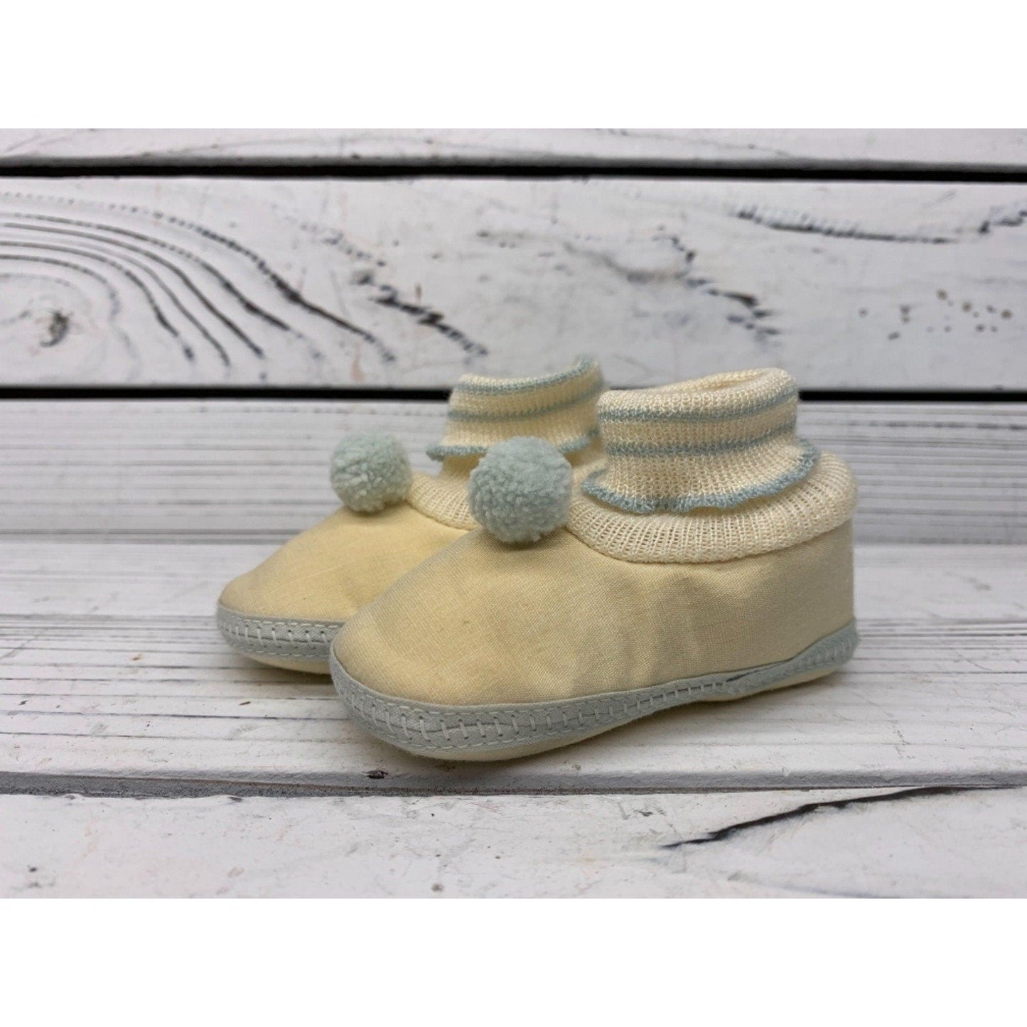 Vintage Baby Booties, Cream And Light Blue Cloth Shoes For Infants With Stripes And Pom Poms -Located at Funkyhouse Vintage Antique Store, Weiser Idaho