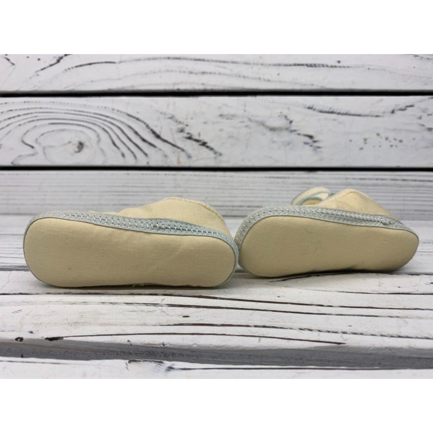 Vintage Baby Booties, Cream And Light Blue Cloth Shoes For Infants With Stripes And Pom Poms -Located at Funkyhouse Vintage Antique Store, Weiser Idaho