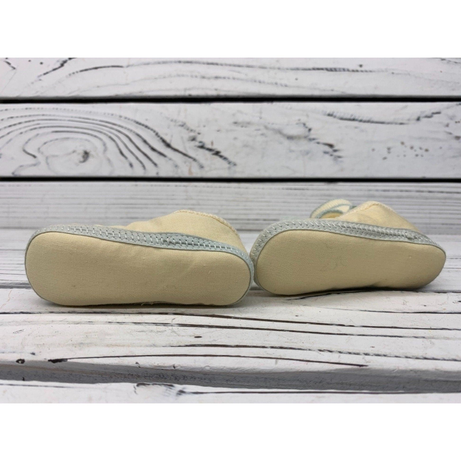 Vintage Baby Booties, Cream And Light Blue Cloth Shoes For Infants With Stripes And Pom Poms -Located at Funkyhouse Vintage Antique Store, Weiser Idaho