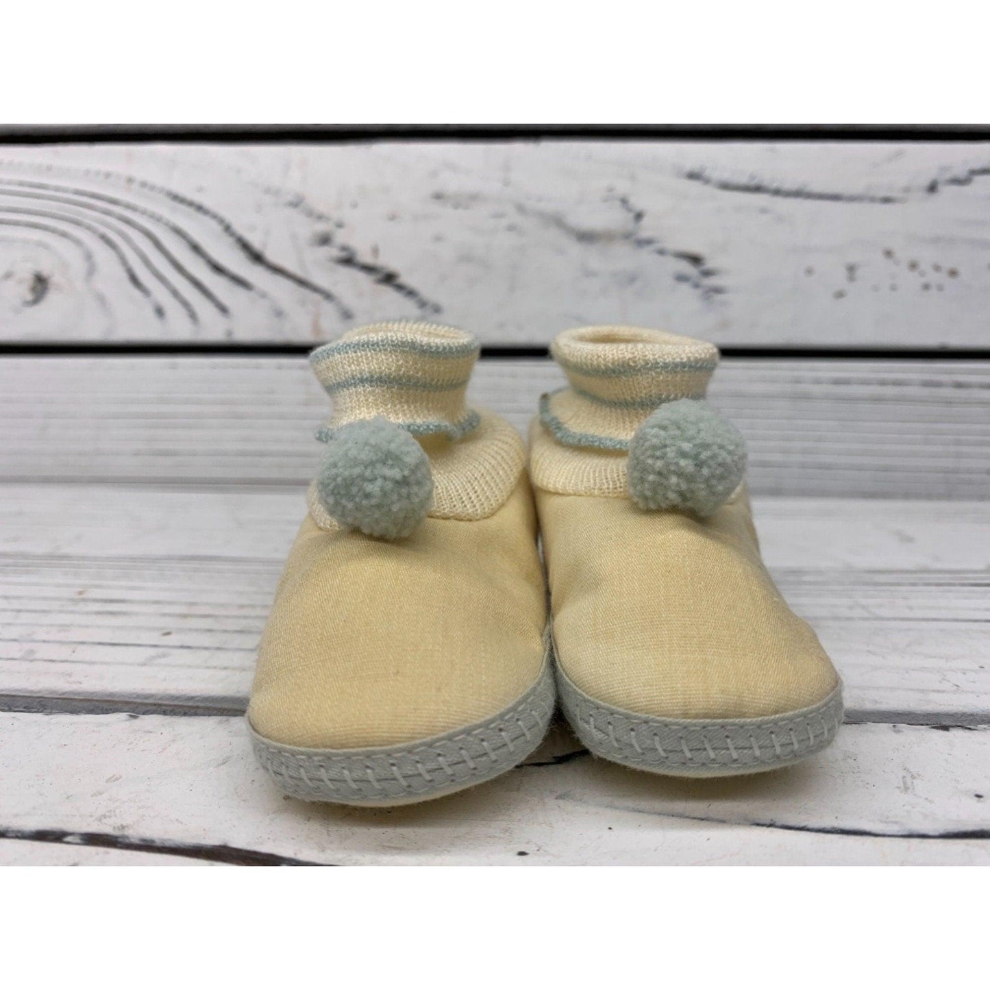 Vintage Baby Booties, Cream And Light Blue Cloth Shoes For Infants With Stripes And Pom Poms -Located at Funkyhouse Vintage Antique Store, Weiser Idaho