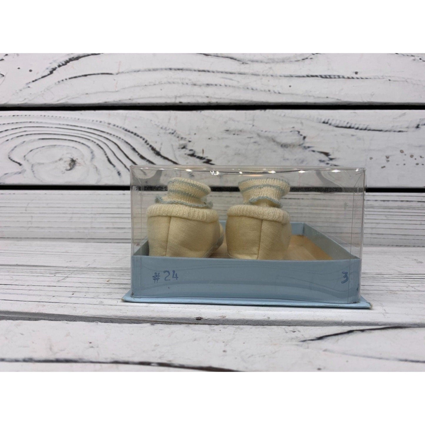 Vintage Baby Booties, Cream And Light Blue Cloth Shoes For Infants With Stripes And Pom Poms -Located at Funkyhouse Vintage Antique Store, Weiser Idaho