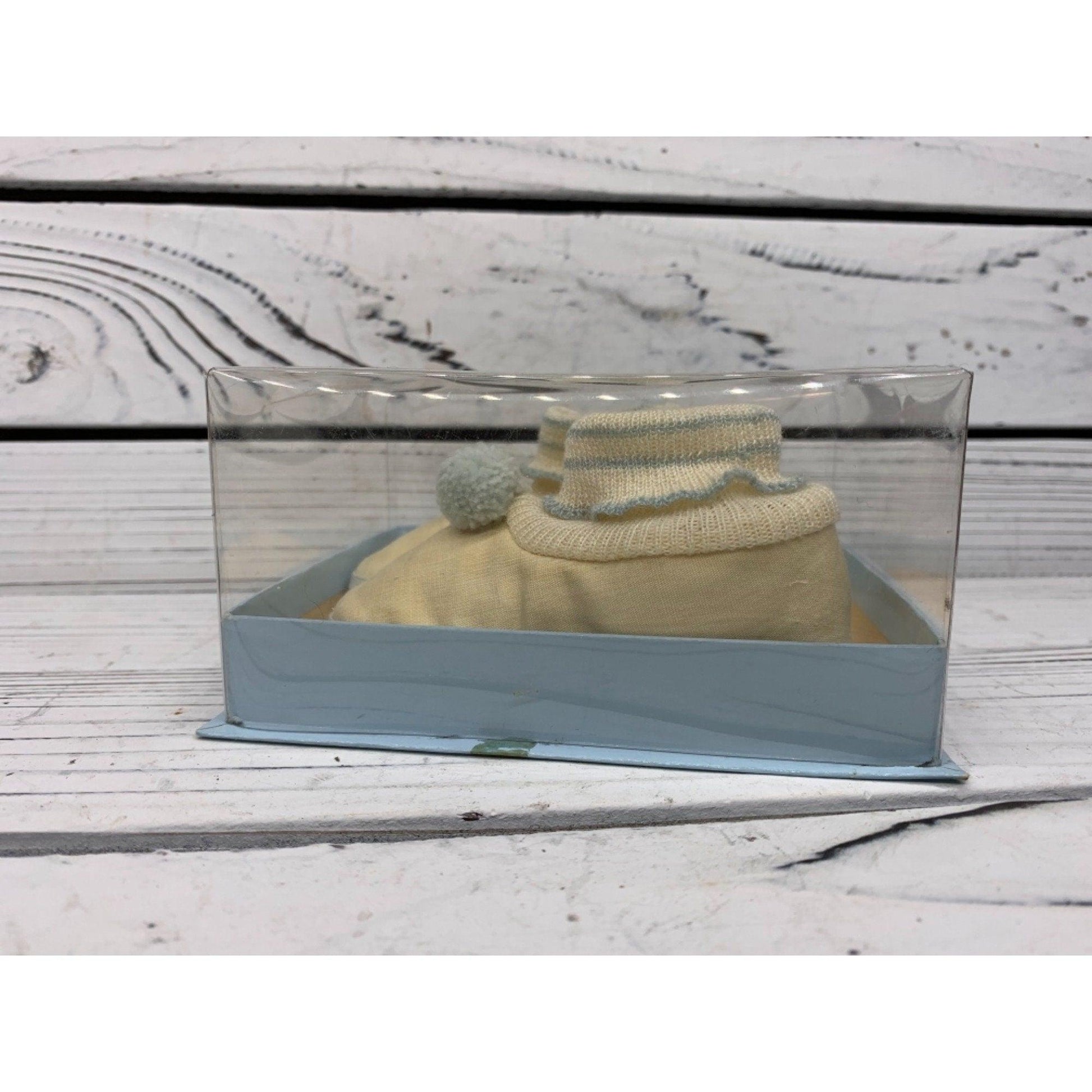 Vintage Baby Booties, Cream And Light Blue Cloth Shoes For Infants With Stripes And Pom Poms -Located at Funkyhouse Vintage Antique Store, Weiser Idaho