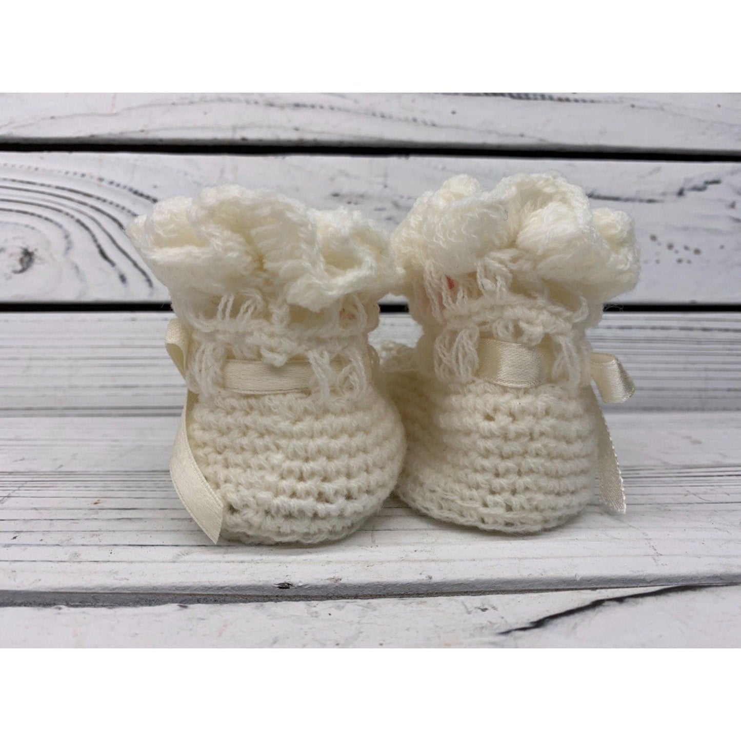 Vintage Baby Booties, Cream Knitted Fancy Cloth Shoes For Infants -Located at Funkyhouse Vintage Antique Store, Weiser Idaho