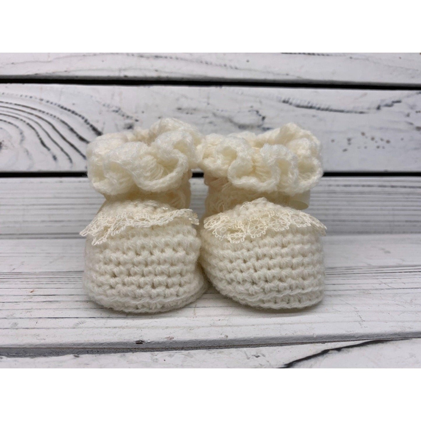 Vintage Baby Booties, Cream Knitted Fancy Cloth Shoes For Infants -Located at Funkyhouse Vintage Antique Store, Weiser Idaho