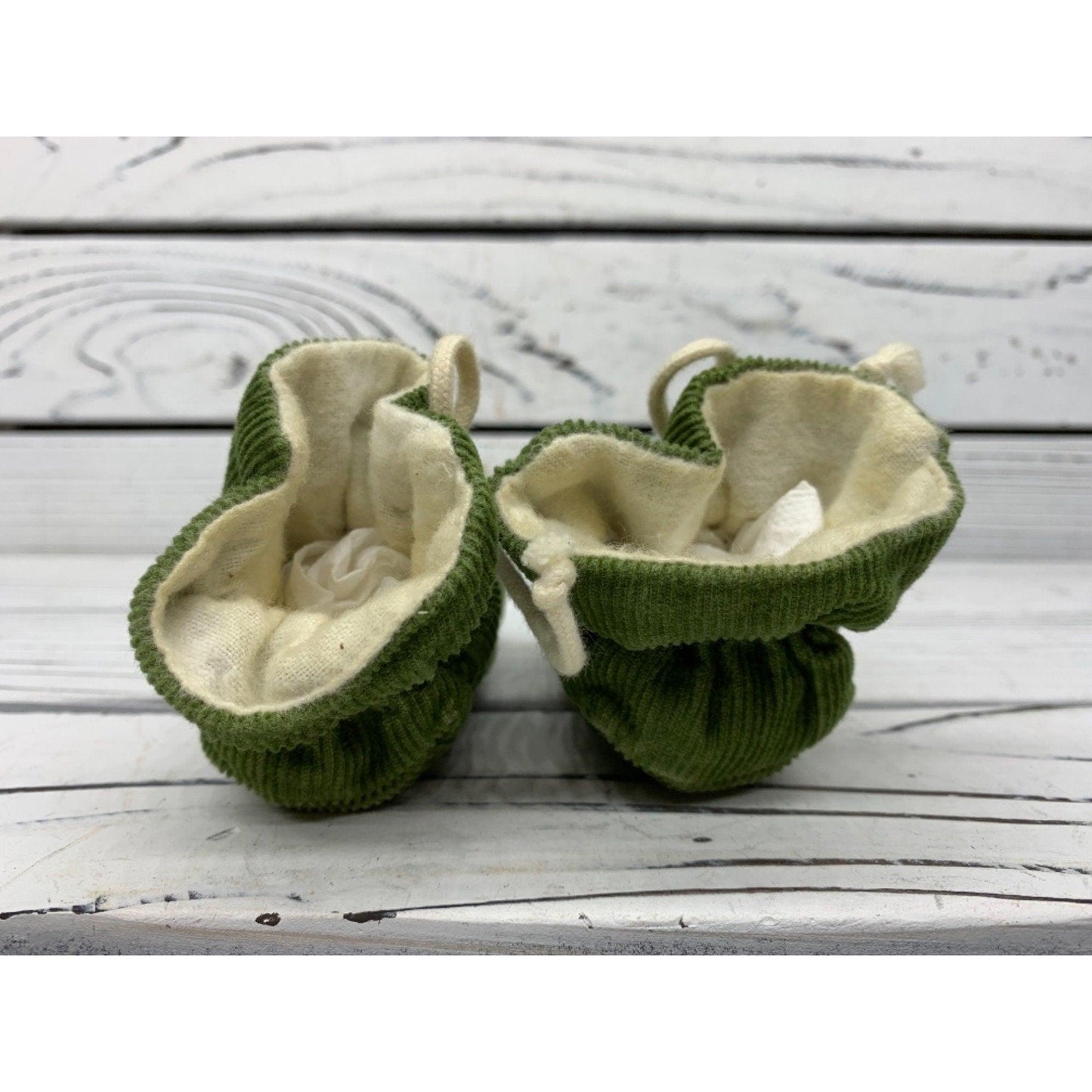 Vintage Baby Booties, Green And Cream Corduroy Booties By T.V. Booties, Made In The USA -Located at Funkyhouse Vintage Antique Store, Weiser Idaho