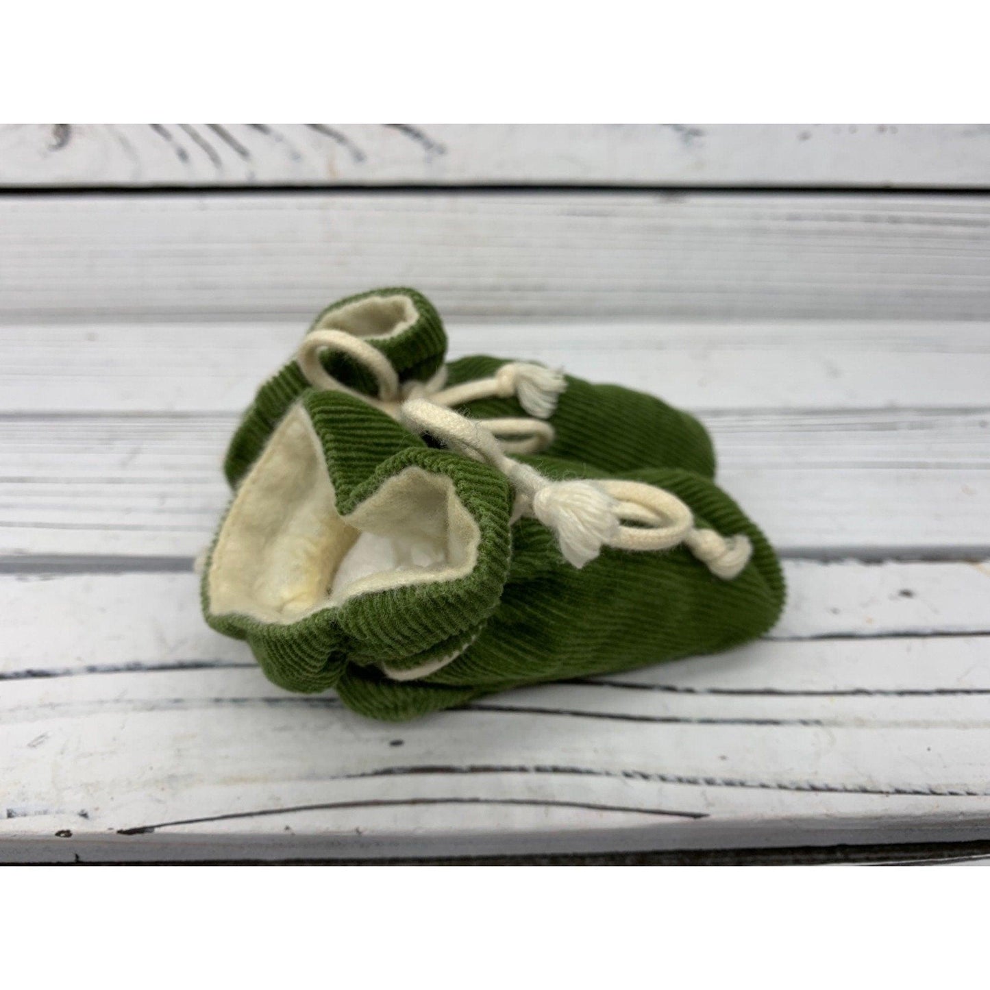 Vintage Baby Booties, Green And Cream Corduroy Booties By T.V. Booties, Made In The USA -Located at Funkyhouse Vintage Antique Store, Weiser Idaho