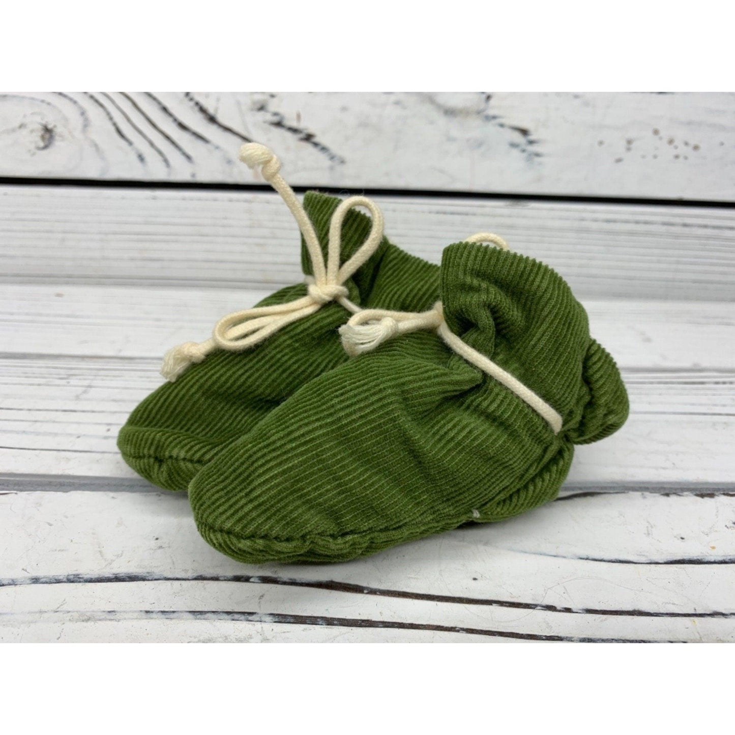 Vintage Baby Booties, Green And Cream Corduroy Booties By T.V. Booties, Made In The USA -Located at Funkyhouse Vintage Antique Store, Weiser Idaho