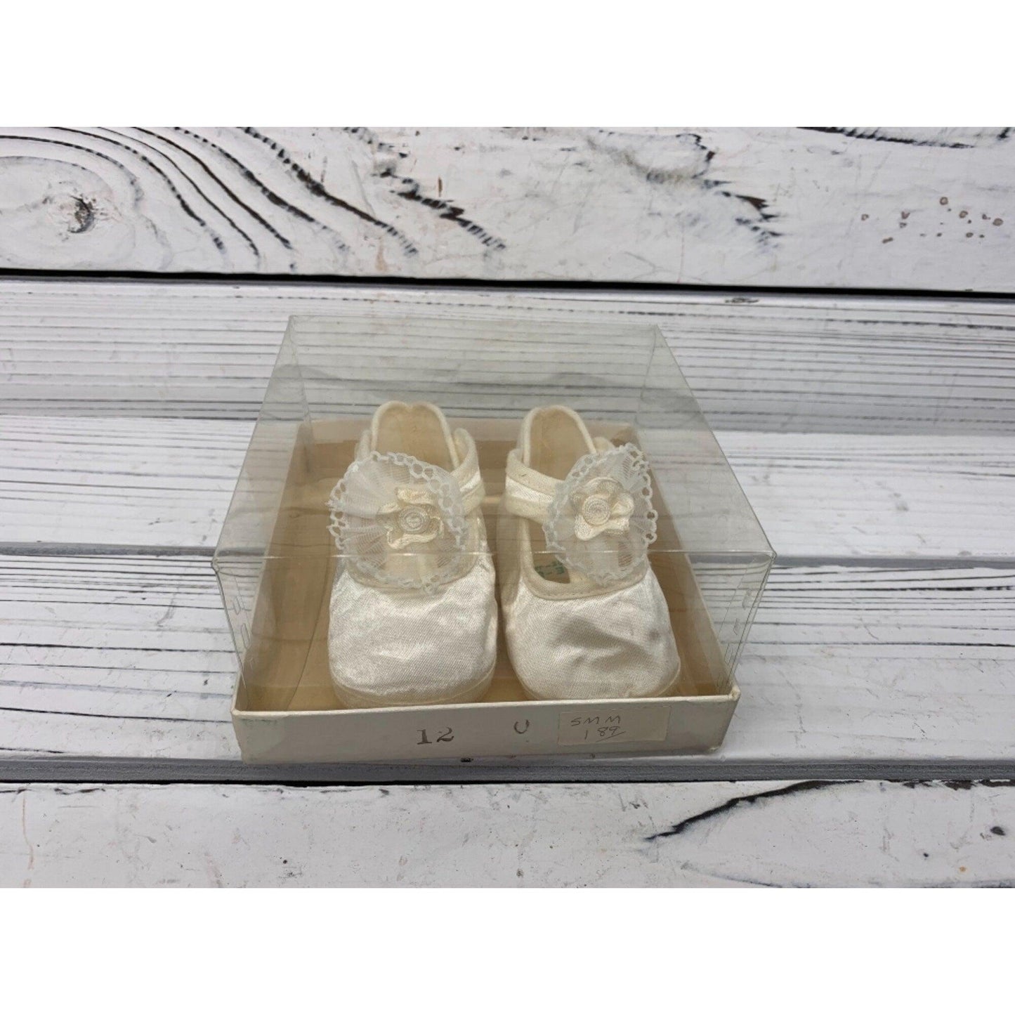 Vintage Baby Booties Silky Material, Fancy Cream Shoes For Infants, Mary Jane Style With A Flower -Located at Funkyhouse Vintage Antique Store, Weiser Idaho