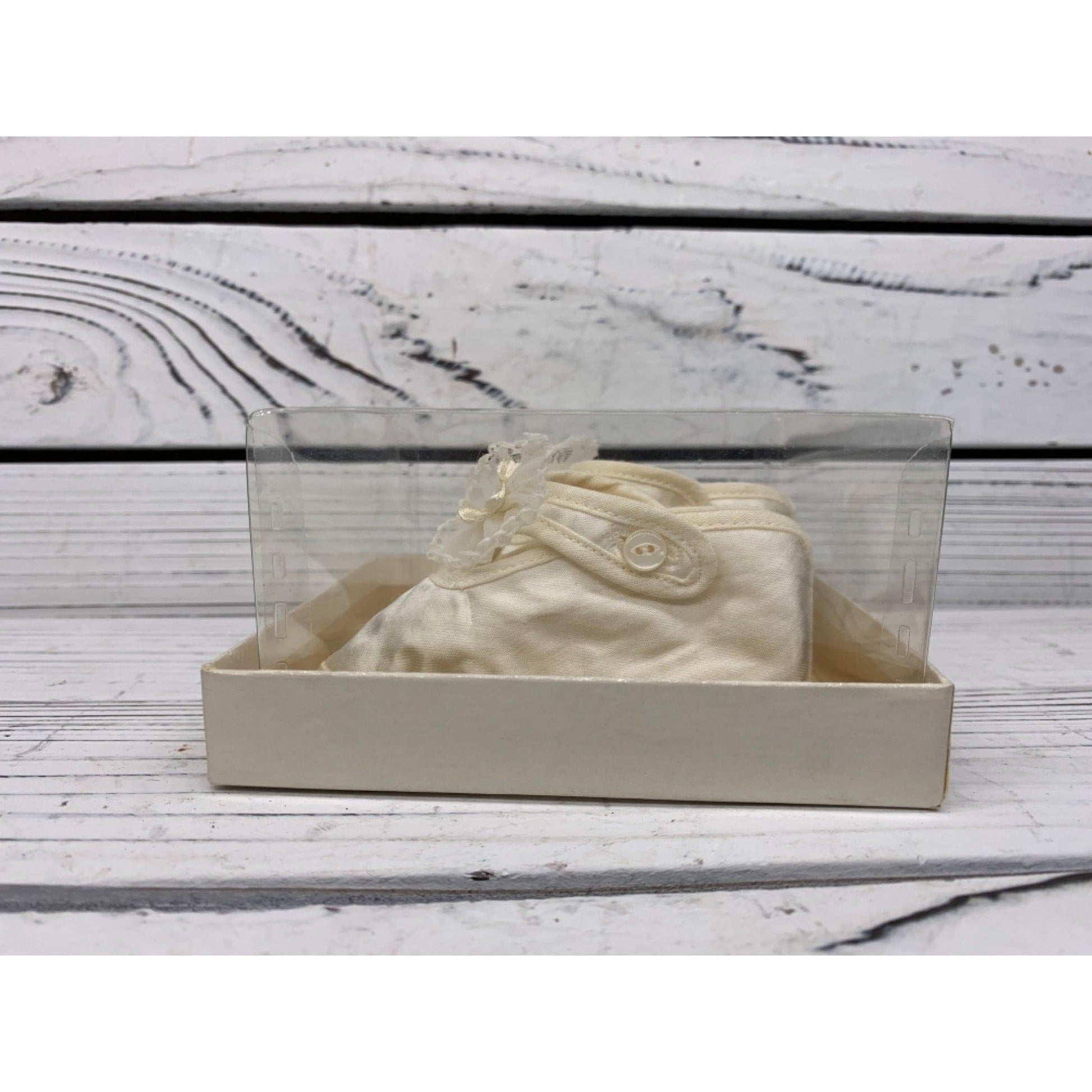 Vintage Baby Booties Silky Material, Fancy Cream Shoes For Infants, Mary Jane Style With A Flower -Located at Funkyhouse Vintage Antique Store, Weiser Idaho