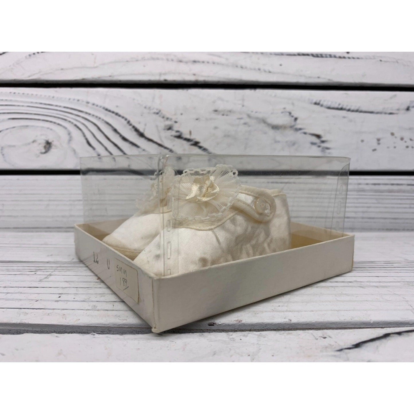 Vintage Baby Booties Silky Material, Fancy Cream Shoes For Infants, Mary Jane Style With A Flower -Located at Funkyhouse Vintage Antique Store, Weiser Idaho