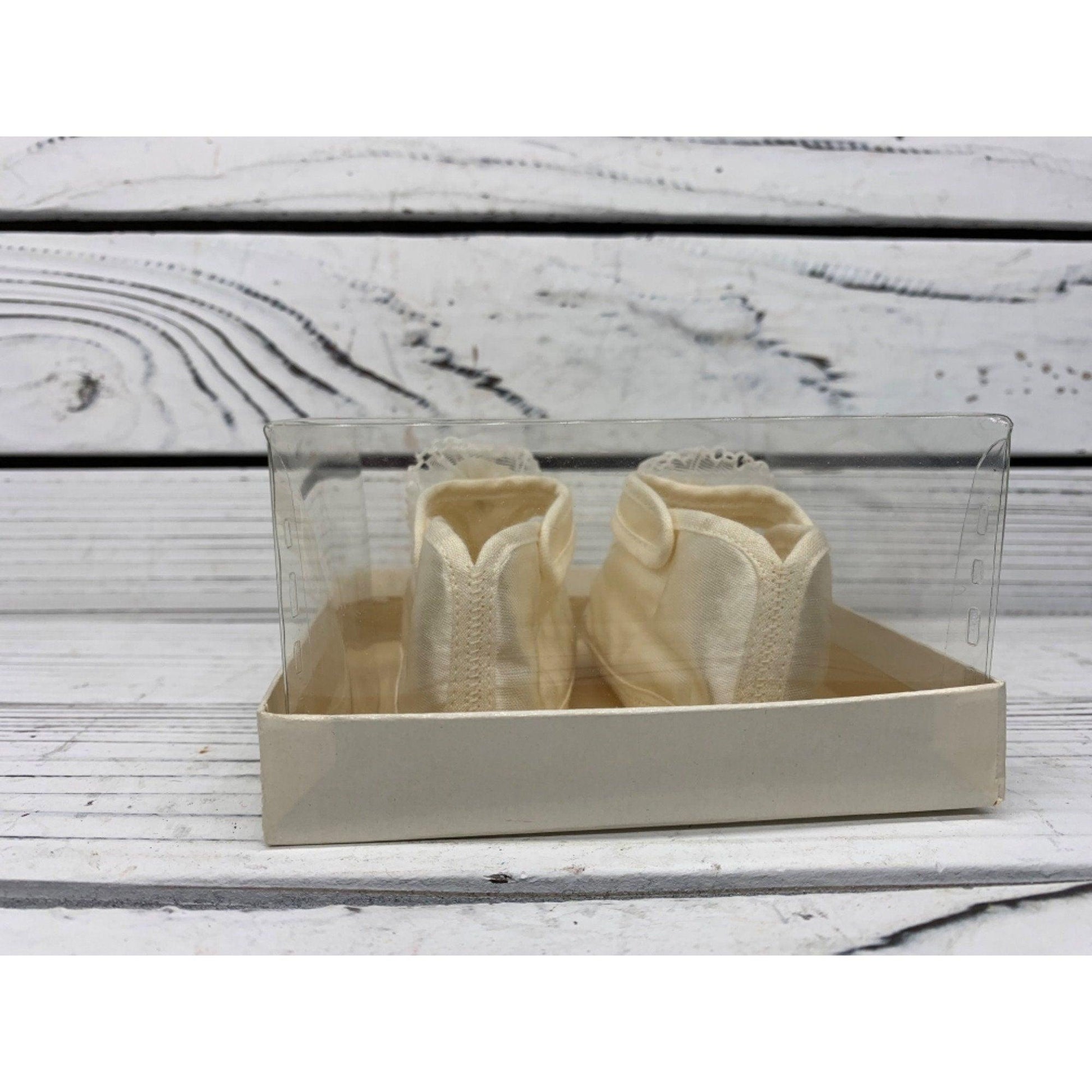 Vintage Baby Booties Silky Material, Fancy Cream Shoes For Infants, Mary Jane Style With A Flower -Located at Funkyhouse Vintage Antique Store, Weiser Idaho