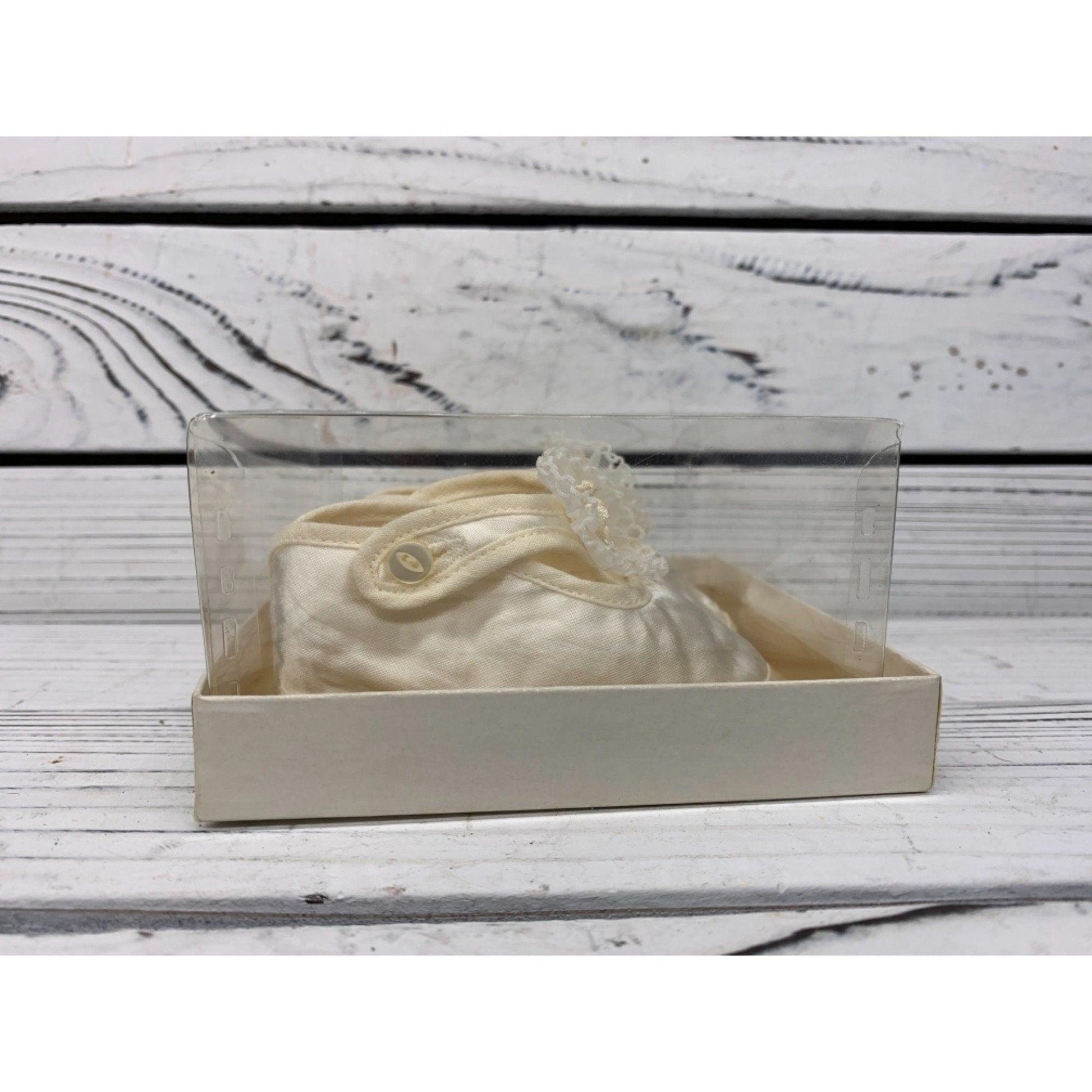 Vintage Baby Booties Silky Material, Fancy Cream Shoes For Infants, Mary Jane Style With A Flower -Located at Funkyhouse Vintage Antique Store, Weiser Idaho