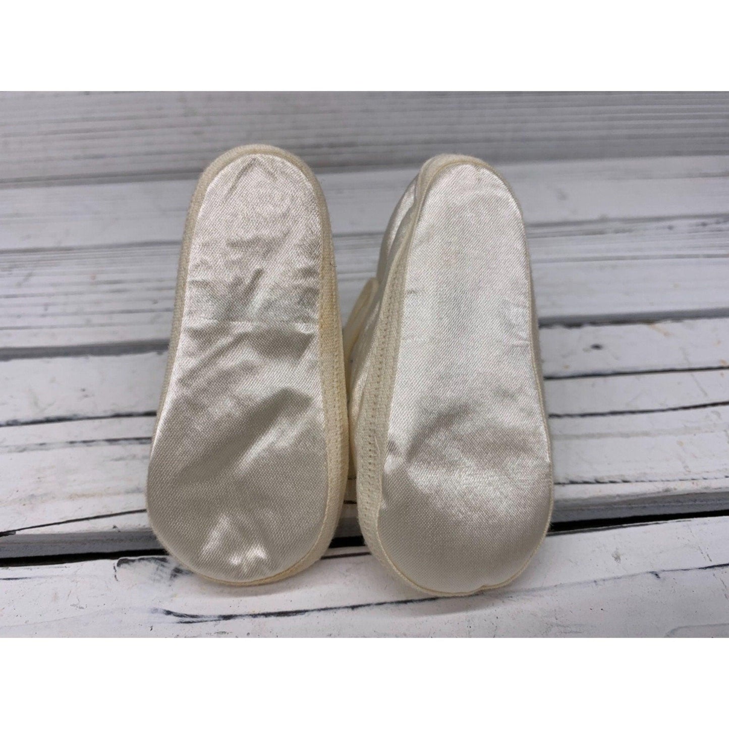 Vintage Baby Booties Silky Material, Fancy Cream Shoes For Infants, Mary Jane Style With A Flower -Located at Funkyhouse Vintage Antique Store, Weiser Idaho
