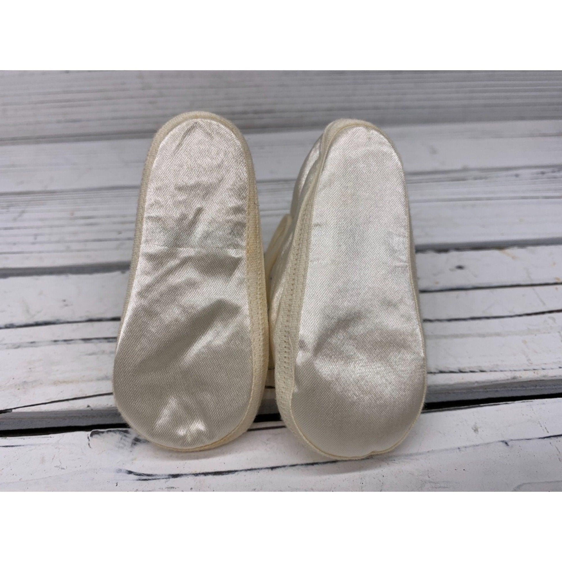 Vintage Baby Booties Silky Material, Fancy Cream Shoes For Infants, Mary Jane Style With A Flower -Located at Funkyhouse Vintage Antique Store, Weiser Idaho