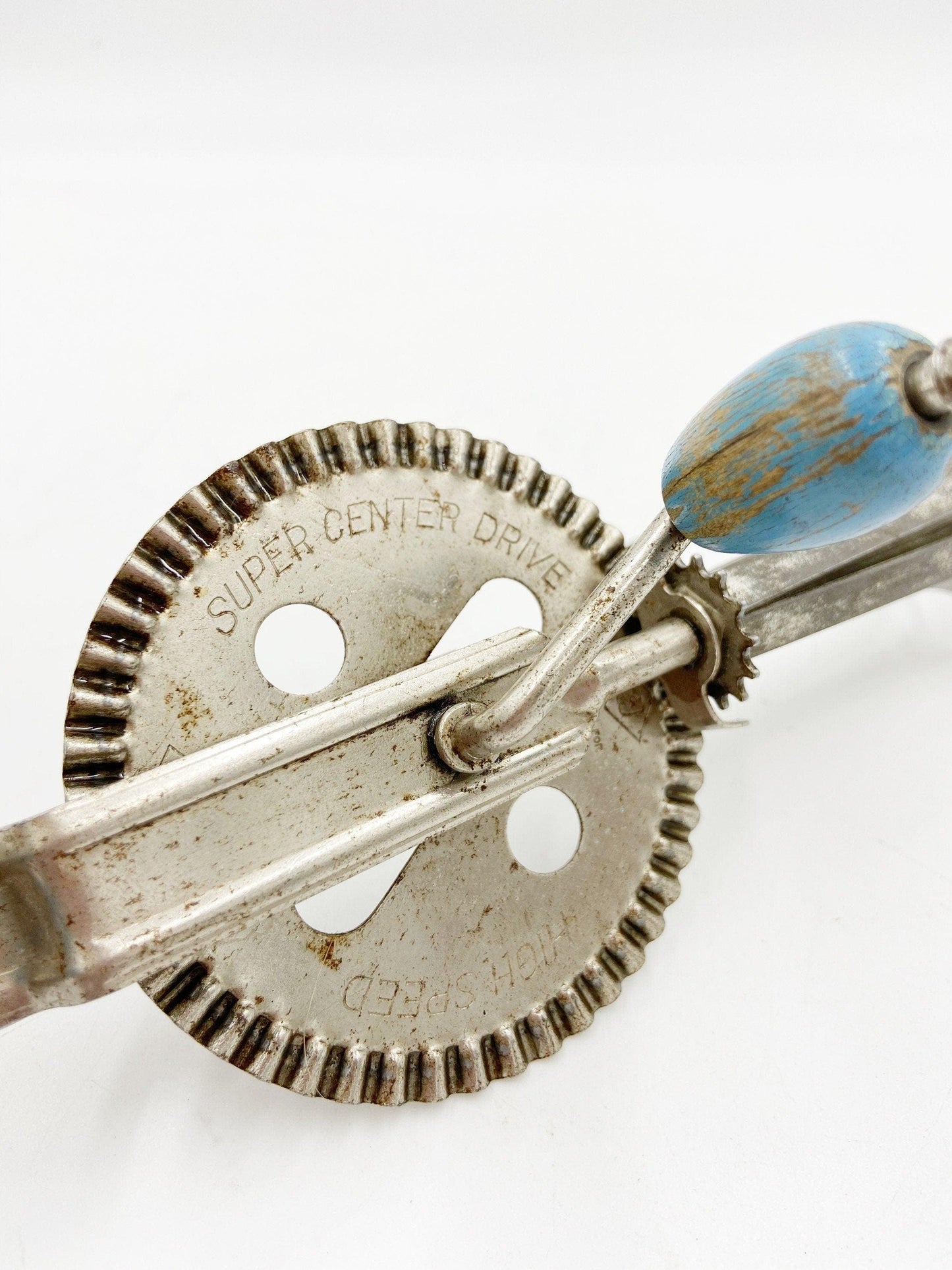 Vintage Blue Egg Beater With Wood Handle, Double Whirl Scrambler, 1950s MCM Mid Century Modern Retro Kitchen Decor -Located at Funkyhouse Vintage Antique Store, Weiser Idaho
