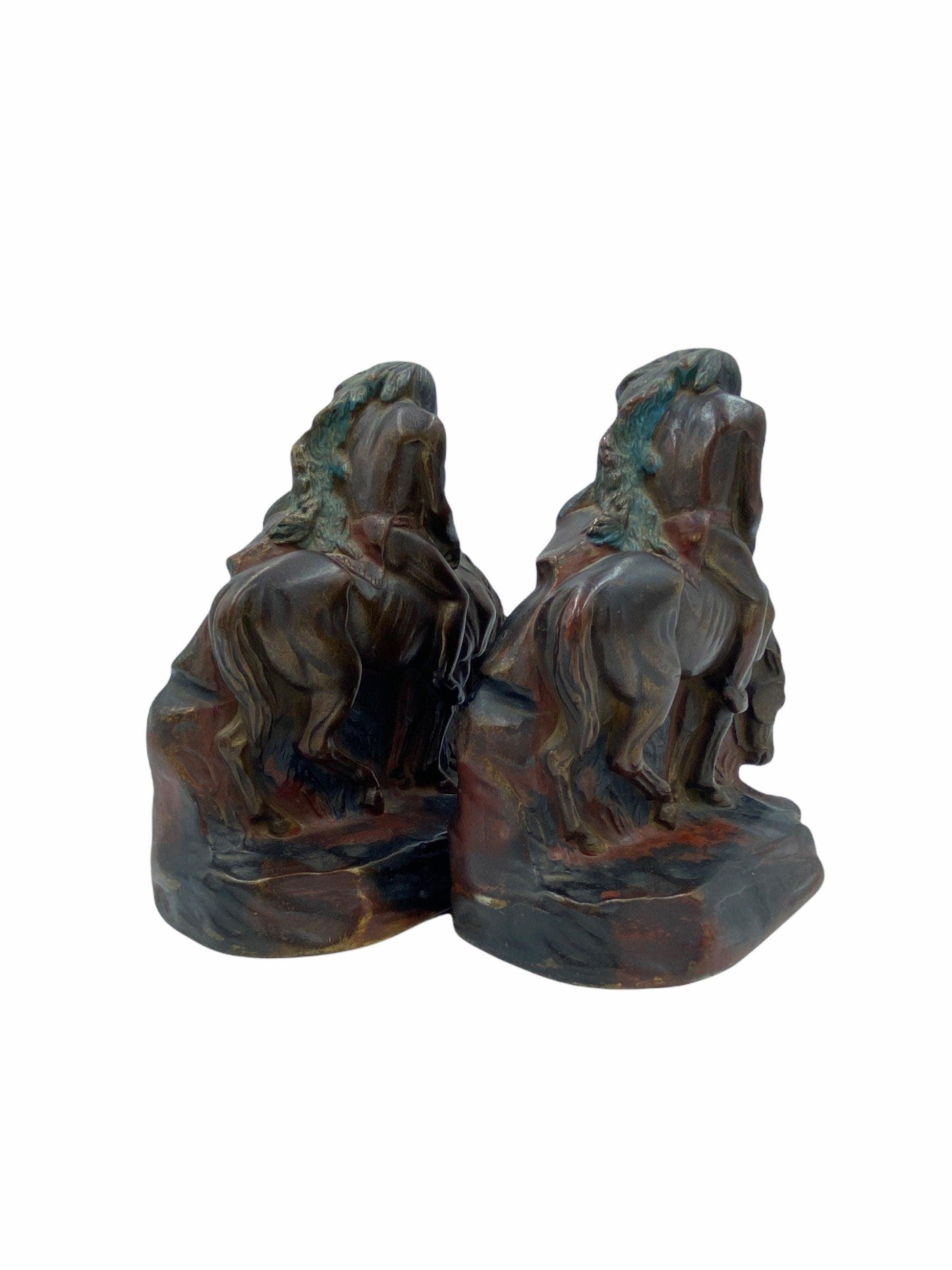 Vintage Bookends, Searching American Indian on Horseback by NYC Born Sculptor John Ruhl -Located at Funkyhouse Vintage Antique Store, Weiser Idaho