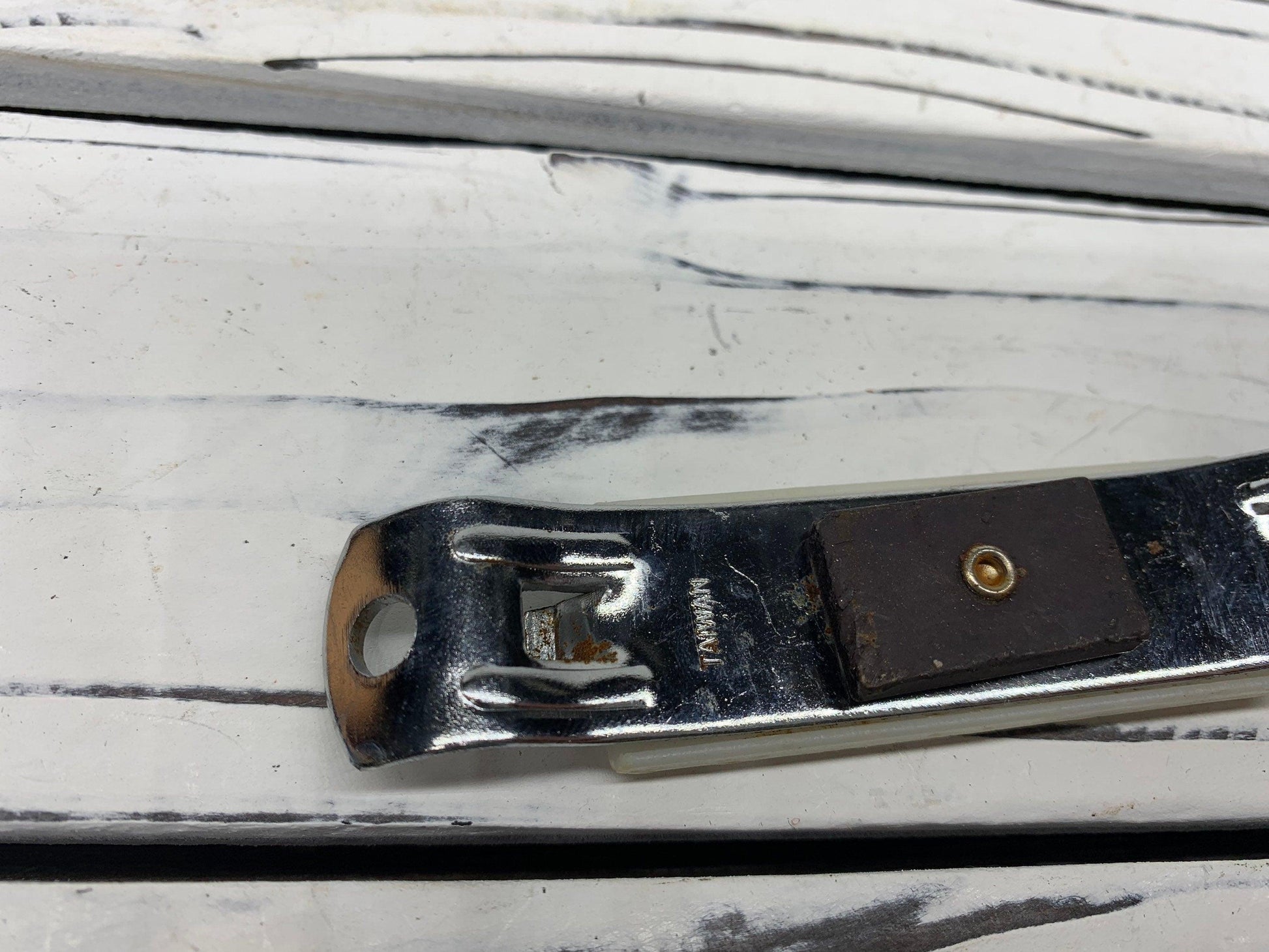 Vintage Bottle Opener Magnet, White Metal Can Opener, Vintage Utensils, 1950s Retro Kitchen -Located at Funkyhouse Vintage Antique Store, Weiser Idaho