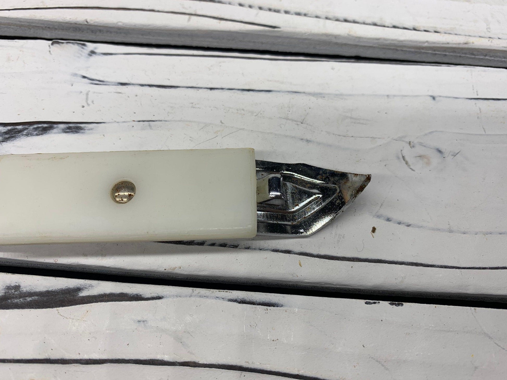 Vintage Bottle Opener Magnet, White Metal Can Opener, Vintage Utensils, 1950s Retro Kitchen -Located at Funkyhouse Vintage Antique Store, Weiser Idaho