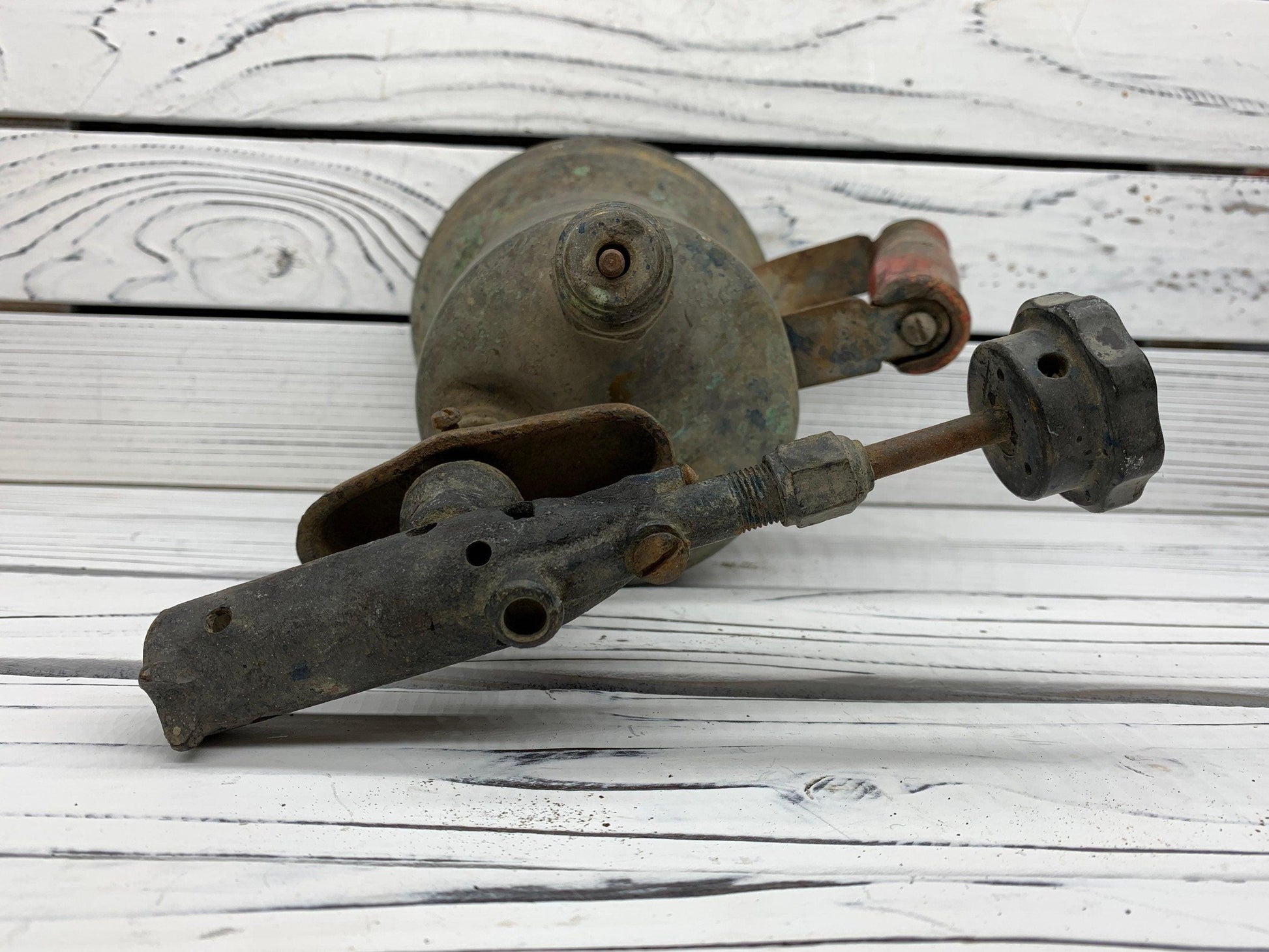 Vintage Brass Blow Torch, Antique Blowtorch with Red Handle, Industrial Dark Academia Decor, Man Cave or Garage -Located at Funkyhouse Vintage Antique Store, Weiser Idaho
