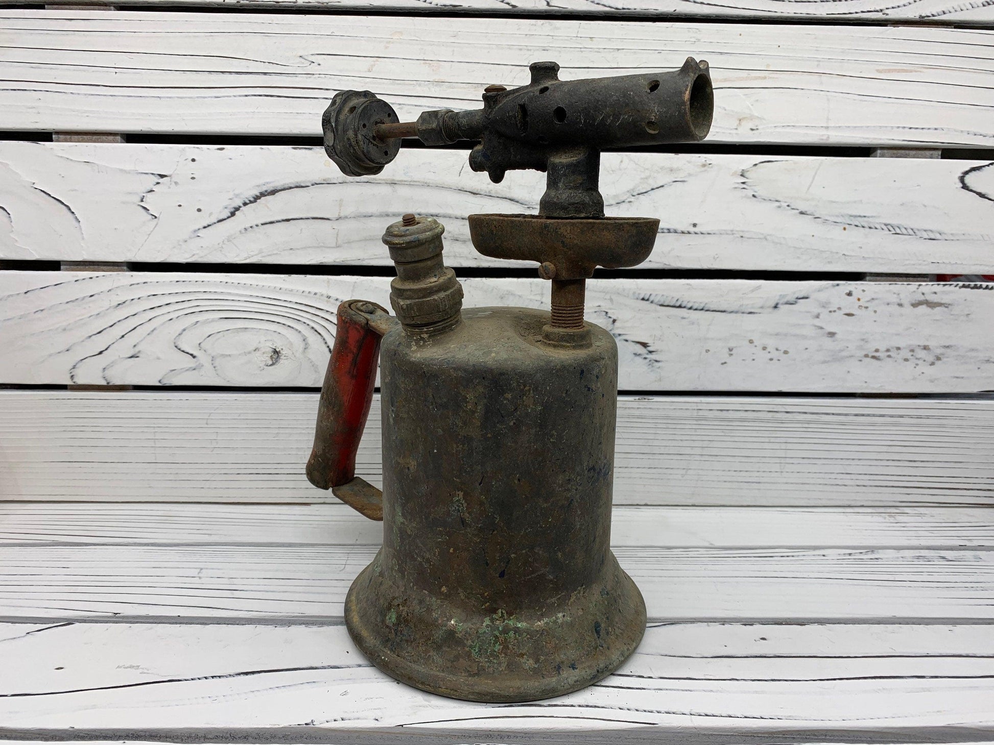 Vintage Brass Blow Torch, Antique Blowtorch with Red Handle, Industrial Dark Academia Decor, Man Cave or Garage -Located at Funkyhouse Vintage Antique Store, Weiser Idaho