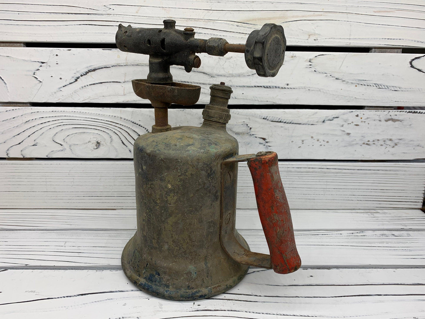 Vintage Brass Blow Torch, Antique Blowtorch with Red Handle, Industrial Dark Academia Decor, Man Cave or Garage -Located at Funkyhouse Vintage Antique Store, Weiser Idaho