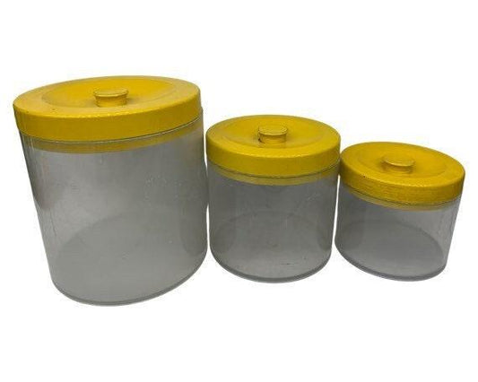 Vintage Canister Set, Set of 3 Clear Plastic Storage Containers With Metal Yellow Lids, 1950s Retro Kitchen -Located at Funkyhouse Vintage Antique Store, Weiser Idaho