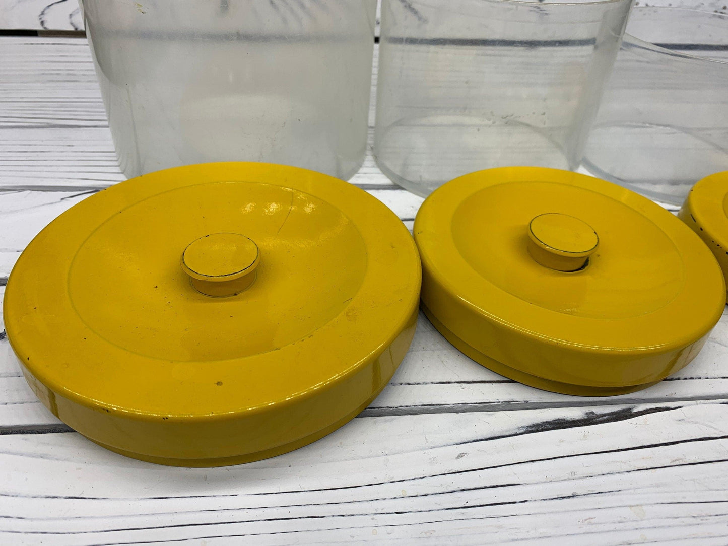 Vintage Canister Set, Set of 3 Clear Plastic Storage Containers With Metal Yellow Lids, 1950s Retro Kitchen -Located at Funkyhouse Vintage Antique Store, Weiser Idaho