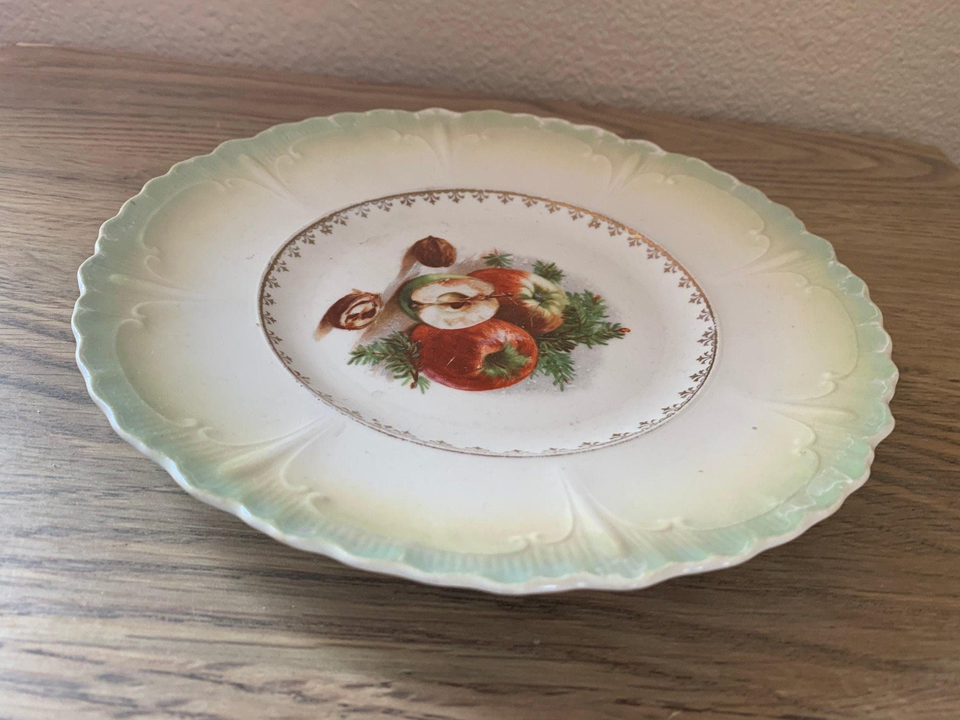 Vintage China Plate, Hand Painted Lusterware With Apple Design And Pale Green Scalloped Edge, Vintage Porcelain Bread Plate -Located at Funkyhouse Vintage Antique Store, Weiser Idaho