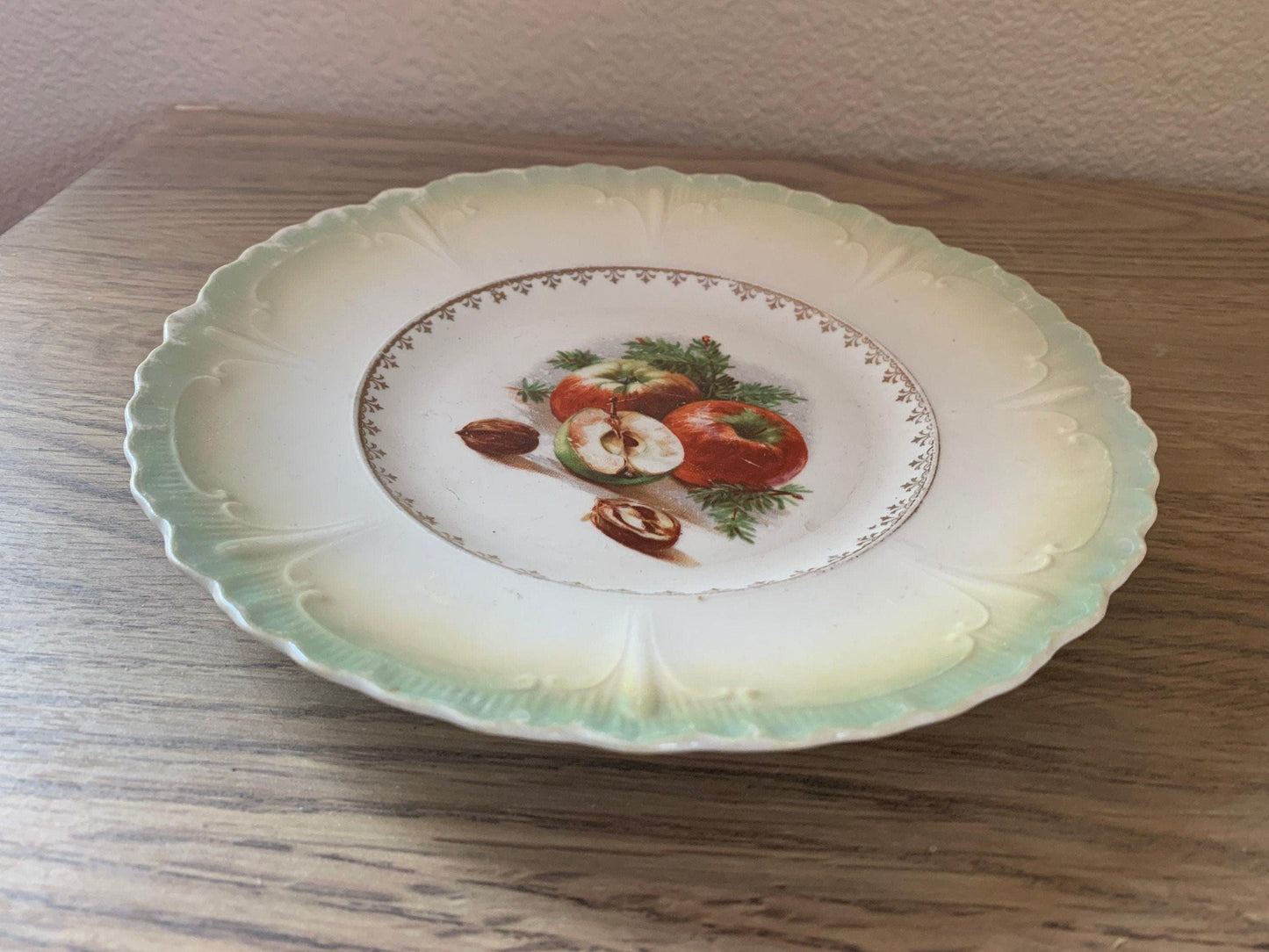 Vintage China Plate, Hand Painted Lusterware With Apple Design And Pale Green Scalloped Edge, Vintage Porcelain Bread Plate -Located at Funkyhouse Vintage Antique Store, Weiser Idaho