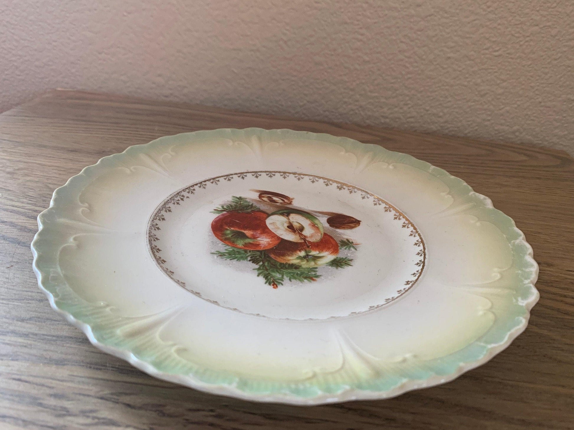 Vintage China Plate, Hand Painted Lusterware With Apple Design And Pale Green Scalloped Edge, Vintage Porcelain Bread Plate -Located at Funkyhouse Vintage Antique Store, Weiser Idaho