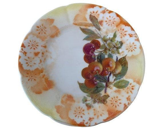 Vintage China Plate, Hand Painted With Cherry Design And Orange Flowers Edge, Vintage Porcelain Bread Plate -Located at Funkyhouse Vintage Antique Store, Weiser Idaho