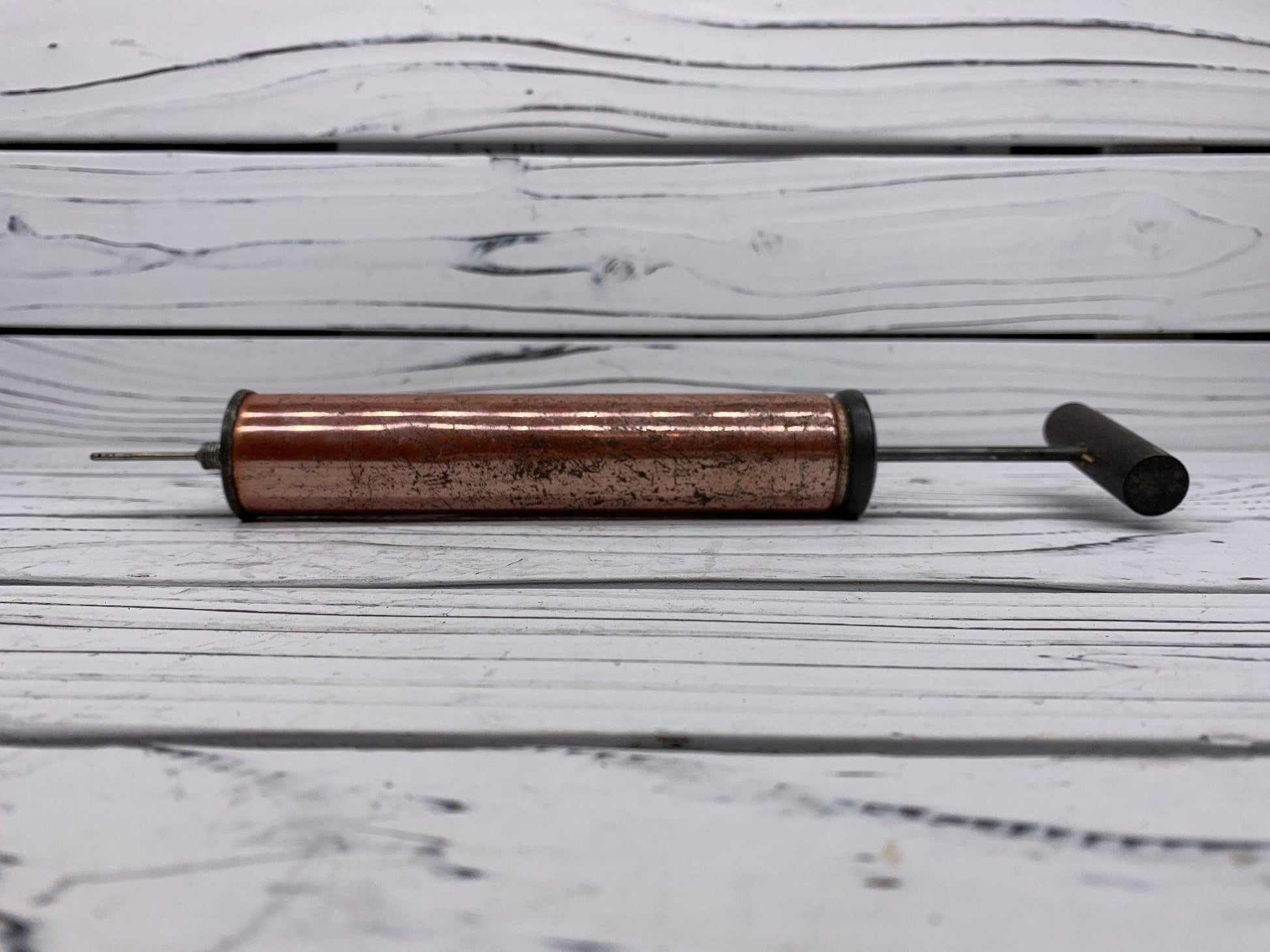 Vintage Copper Air Pump With Wood Handle, Antique Manual Pump, Industrial Dark Academia Decor, Man Cave or Garage -Located at Funkyhouse Vintage Antique Store, Weiser Idaho