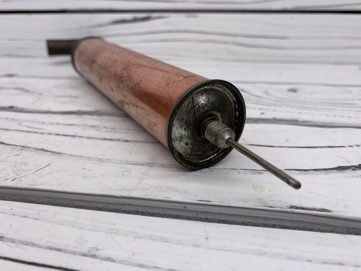 Vintage Copper Air Pump With Wood Handle, Antique Manual Pump, Industrial Dark Academia Decor, Man Cave or Garage -Located at Funkyhouse Vintage Antique Store, Weiser Idaho