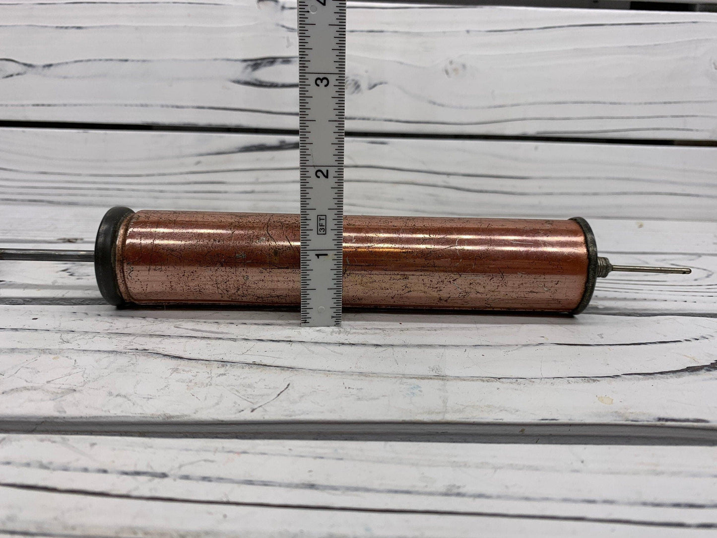 Vintage Copper Air Pump With Wood Handle, Antique Manual Pump, Industrial Dark Academia Decor, Man Cave or Garage -Located at Funkyhouse Vintage Antique Store, Weiser Idaho