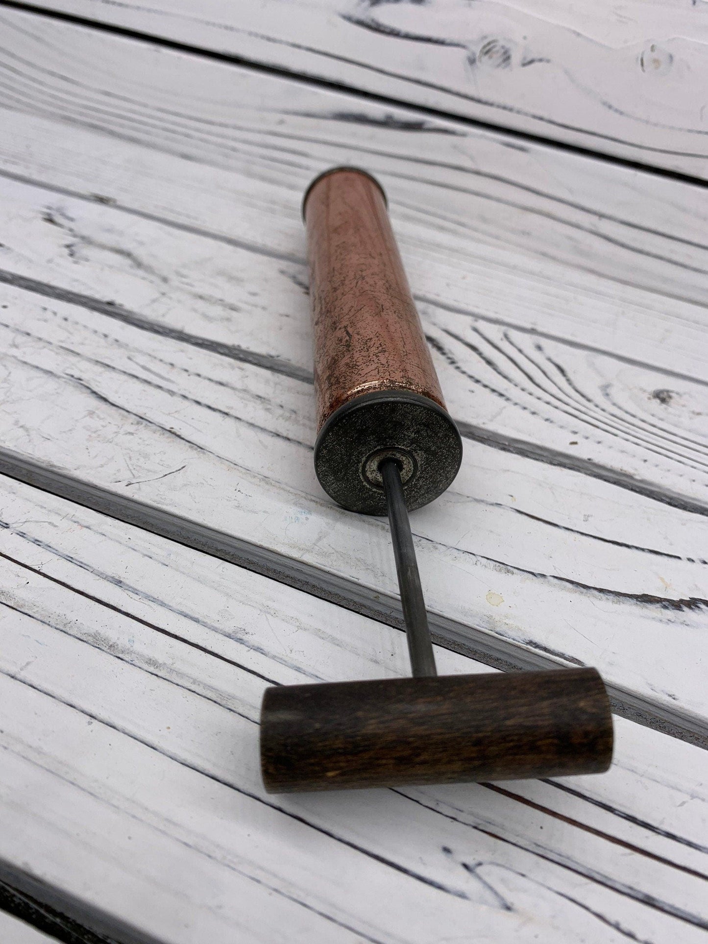 Vintage Copper Air Pump With Wood Handle, Antique Manual Pump, Industrial Dark Academia Decor, Man Cave or Garage -Located at Funkyhouse Vintage Antique Store, Weiser Idaho