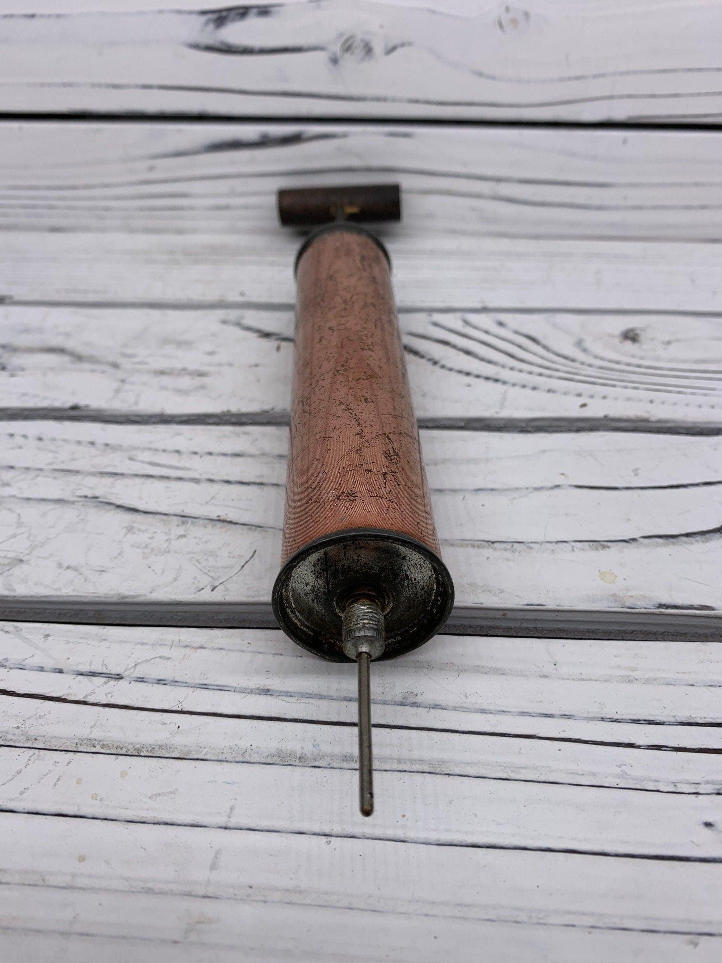 Vintage Copper Air Pump With Wood Handle, Antique Manual Pump, Industrial Dark Academia Decor, Man Cave or Garage -Located at Funkyhouse Vintage Antique Store, Weiser Idaho
