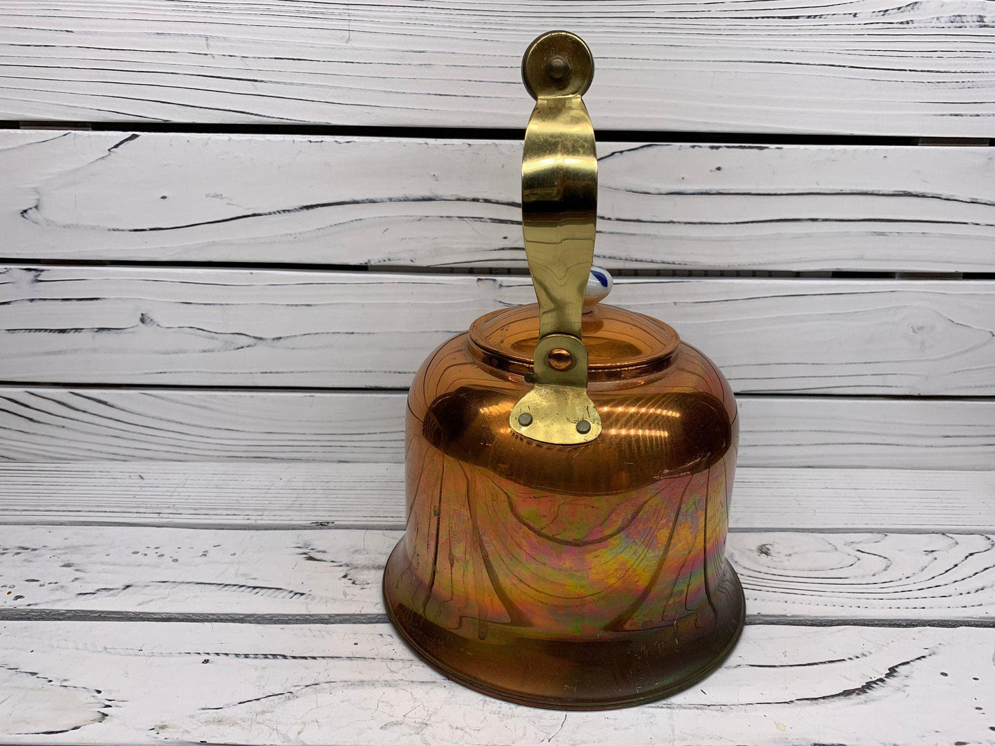 Vintage Copper Teapot With Blue and White Ceramic Handle -Located at Funkyhouse Vintage Antique Store, Weiser Idaho