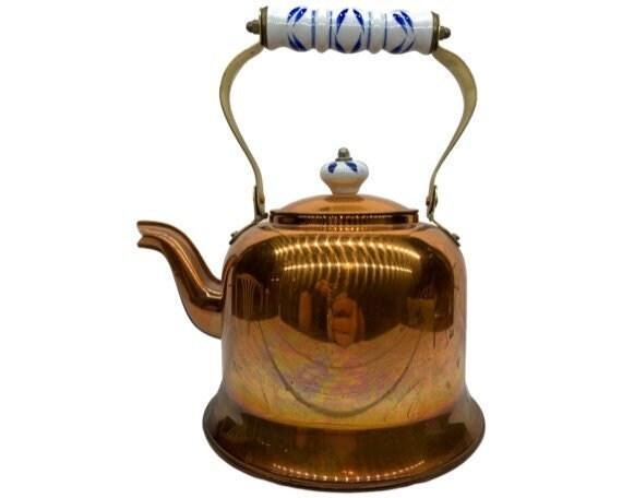 Vintage Copper Teapot With Blue and White Ceramic Handle -Located at Funkyhouse Vintage Antique Store, Weiser Idaho